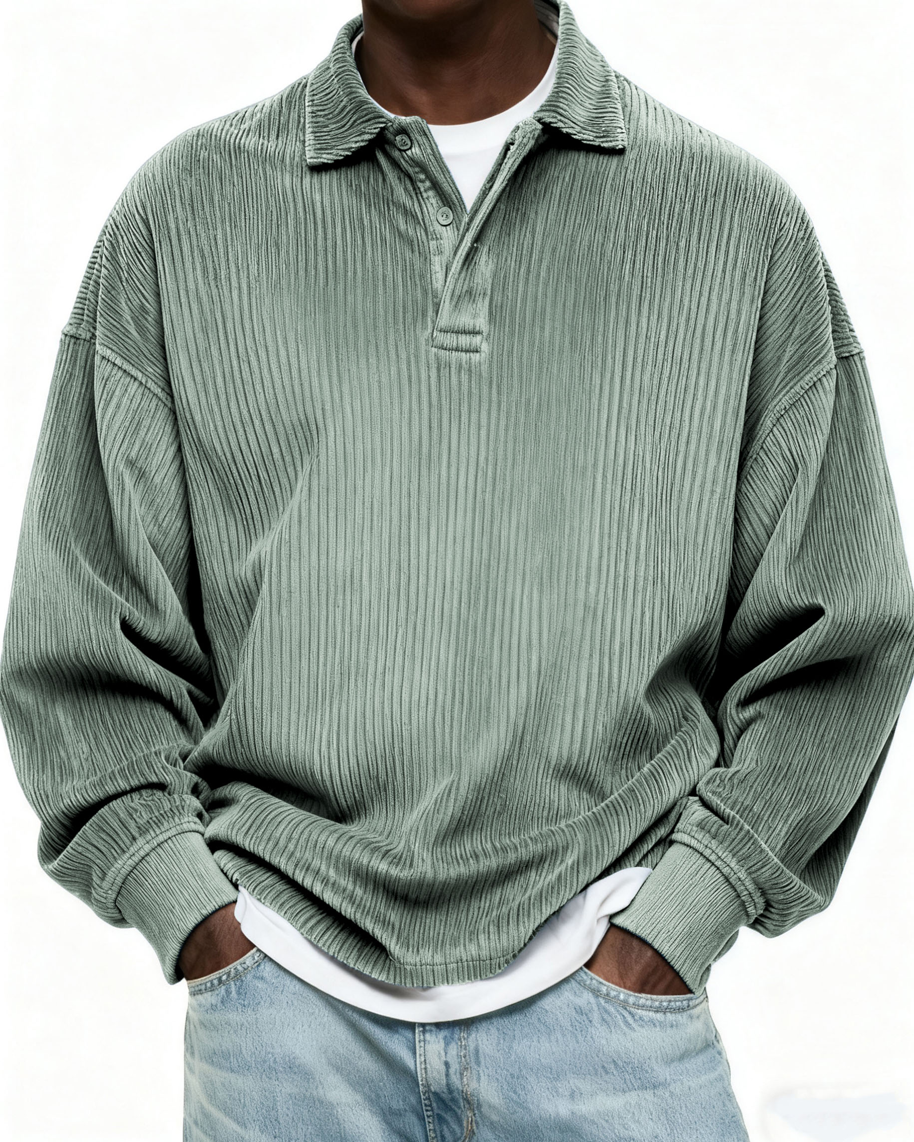 Herren Einfaches Cordstoff Textur Knopf Alltag Pullover POLO Hemd-deurabatt