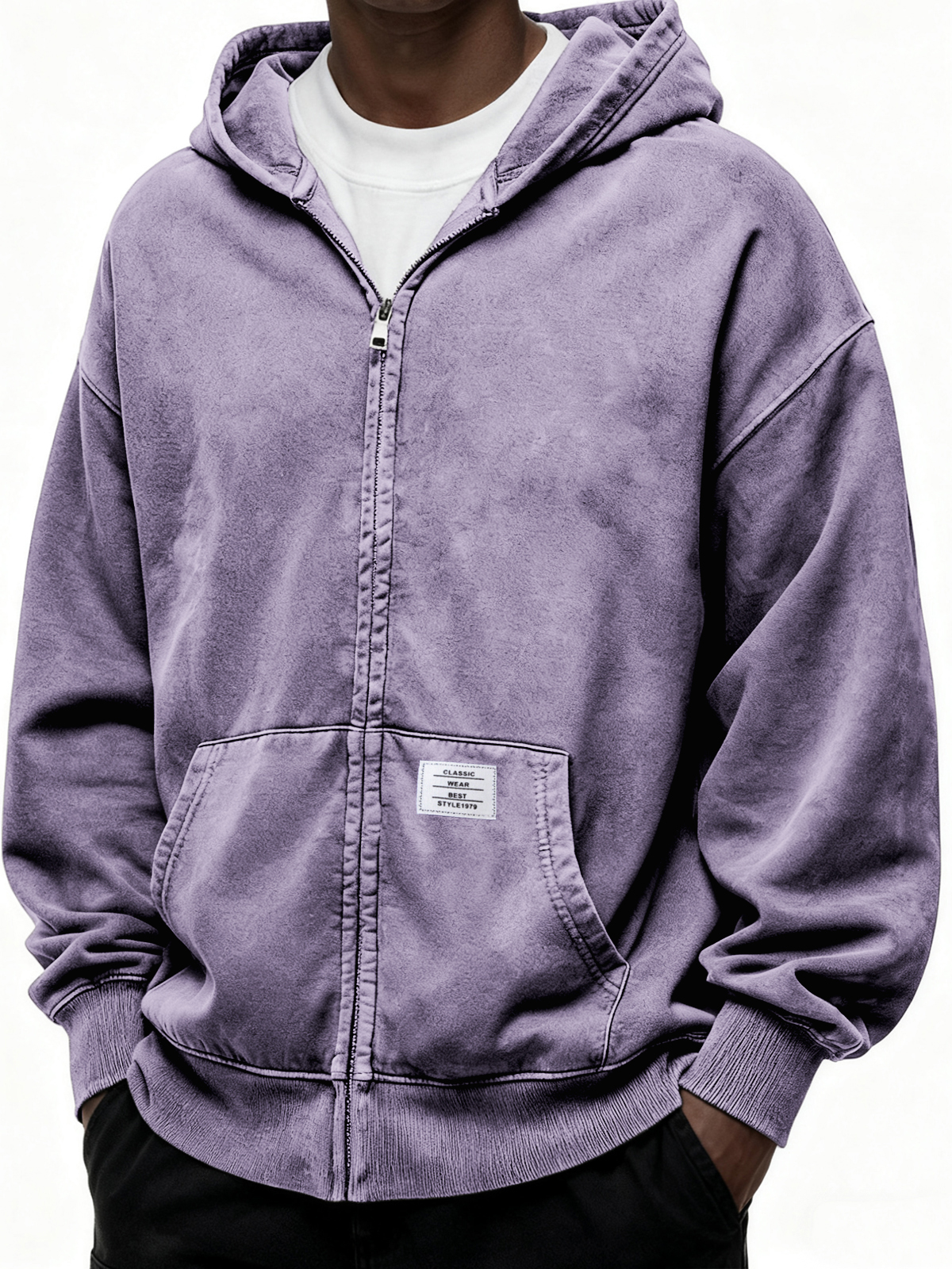 Schwergewicht Kapuzen-Full-Zip Cardigan Sweatshirt mit Kängurutasche und Etikett-deurabatt
