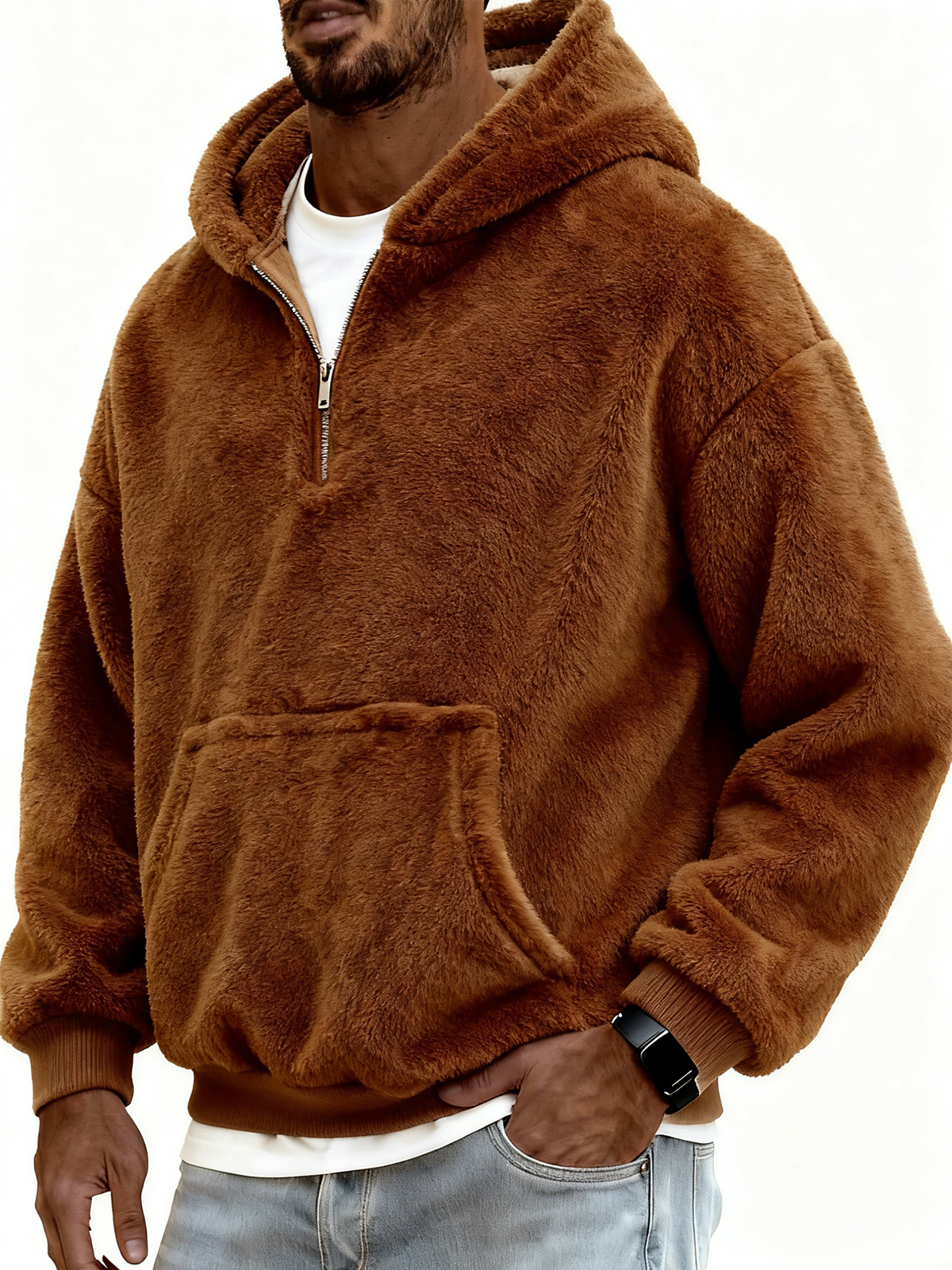 Herren Stylischer Korallenfleece Kapuzenpullover mit Kängurutaschen und einem Viertelreißverschluss-ZierMode