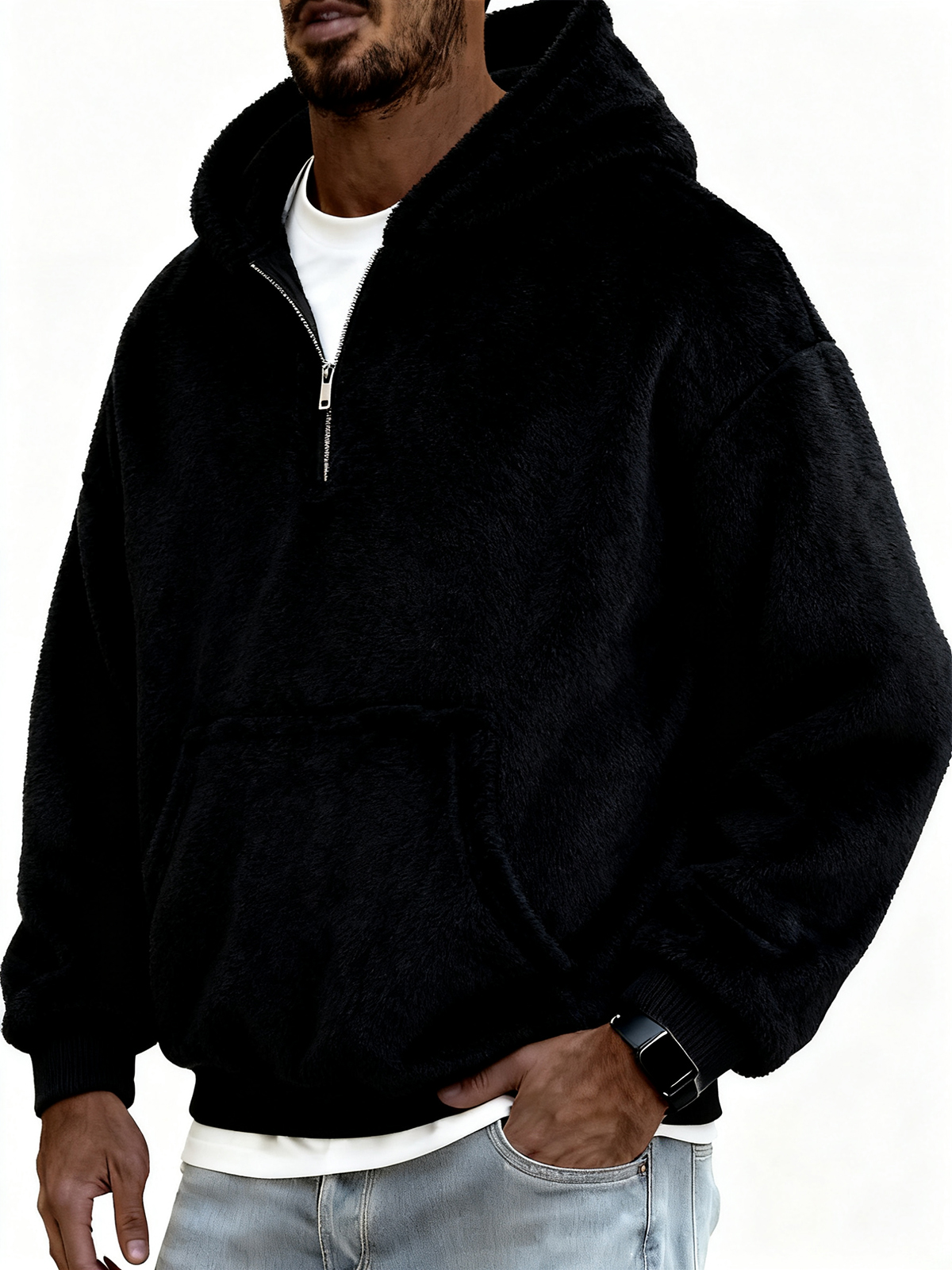 Herren Stylischer Korallenfleece Kapuzenpullover mit Kängurutaschen und einem Viertelreißverschluss-ZierMode