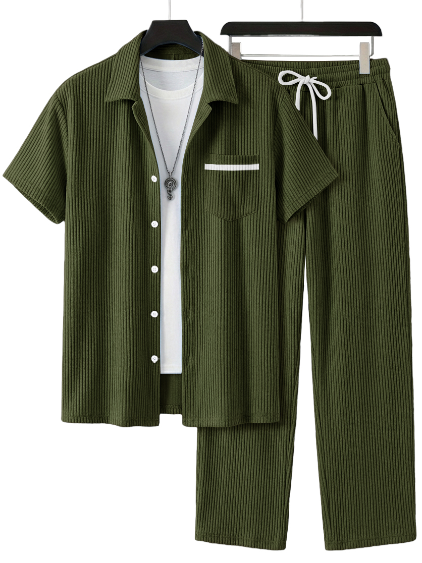 Herren Einfaches Lässiges Geripptes Pocket Kurzarmhemd und Lässige Hose Set OOTD-deurabatt