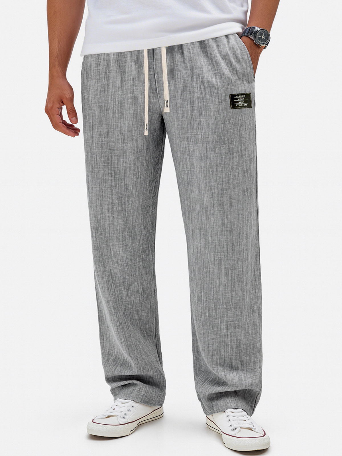 Herren Atmungsaktive Leinen Crinkle Freizeit Jogginghose mit Bestickten Etiketten-deurabatt