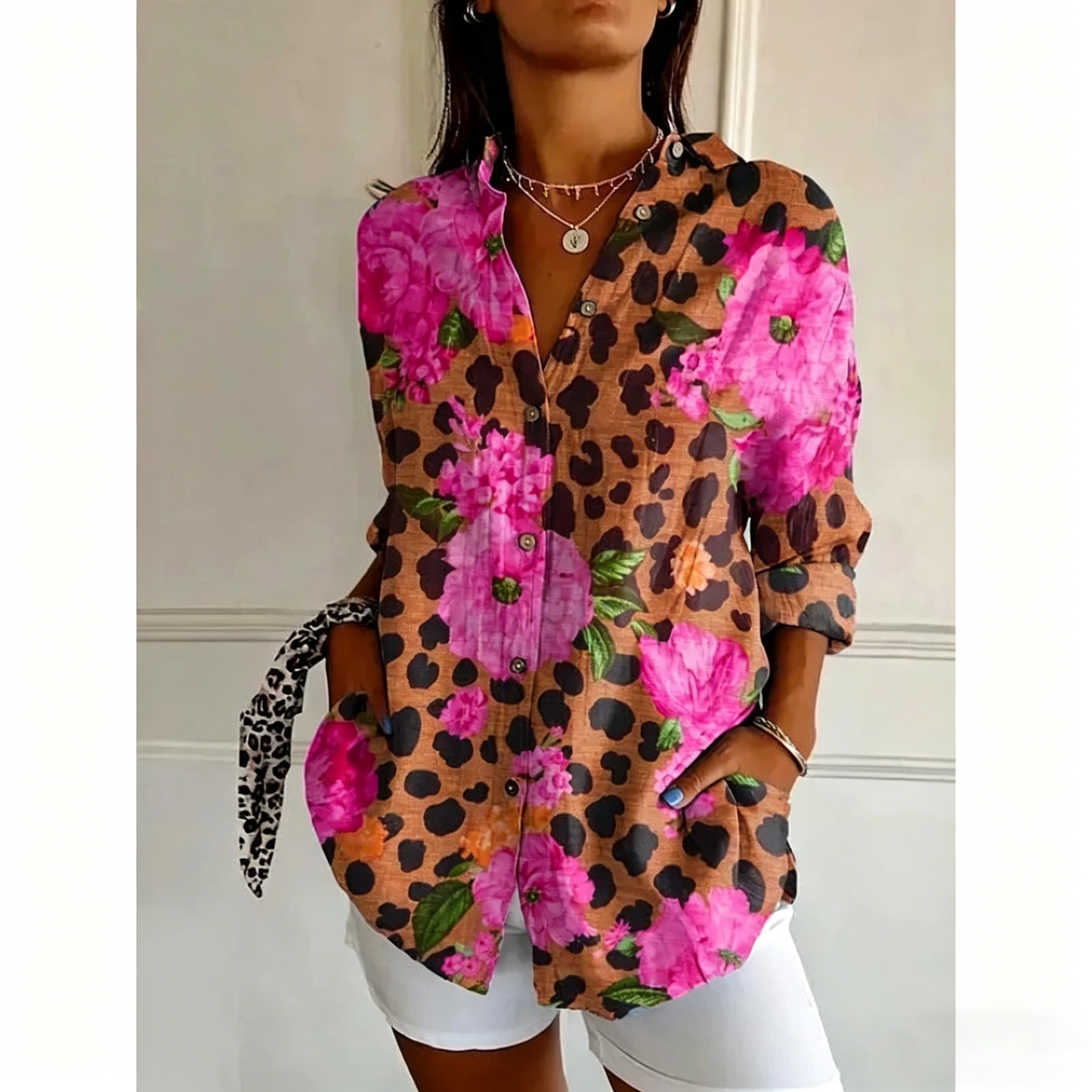 Damen Leinenmischung Bluse mit Blumenprint, Lockeres Langarm-Knopfhemd mit Taschen