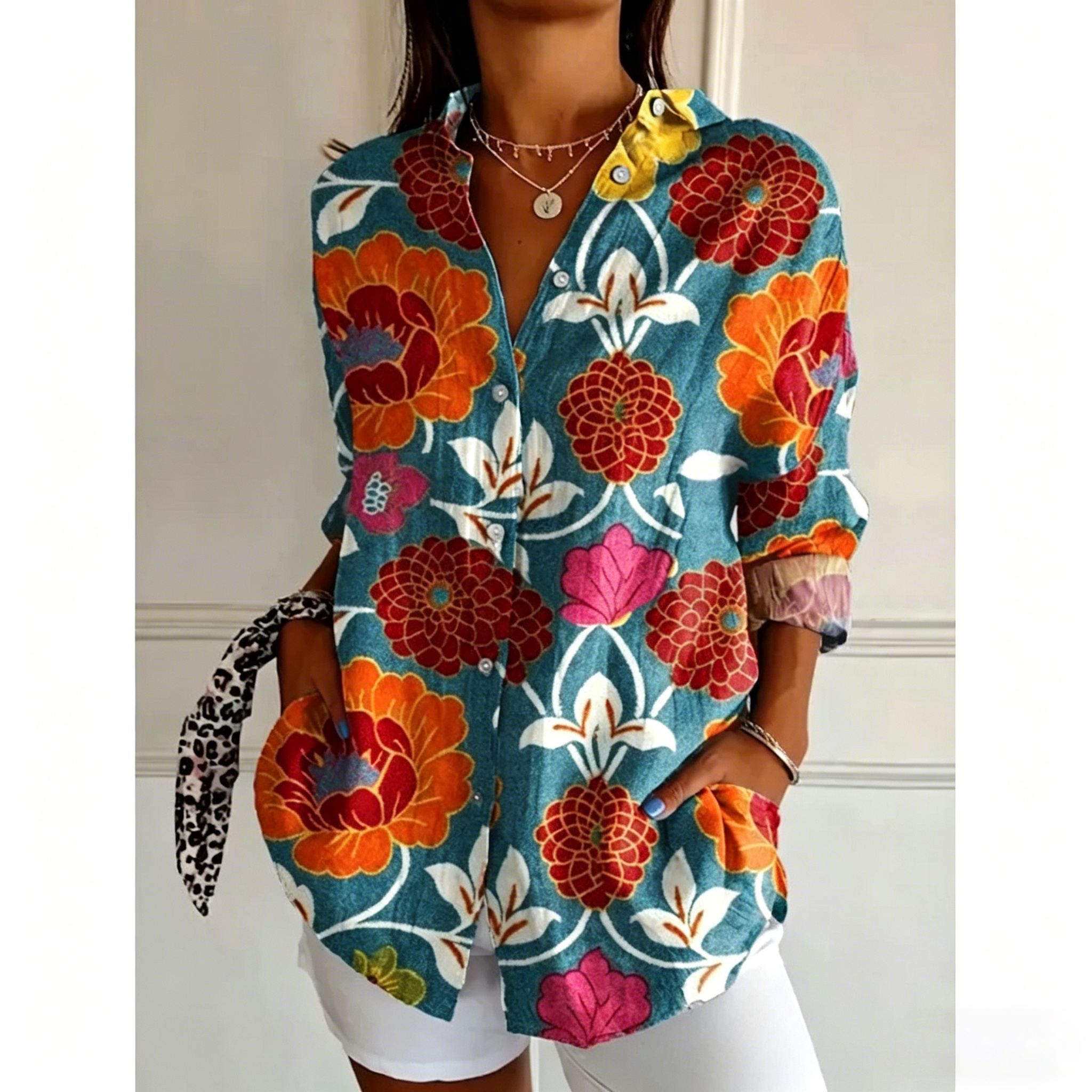 Damen Leinenmischung Bluse mit Blumenprint, Lockeres Langarm-Knopfhemd mit Taschen