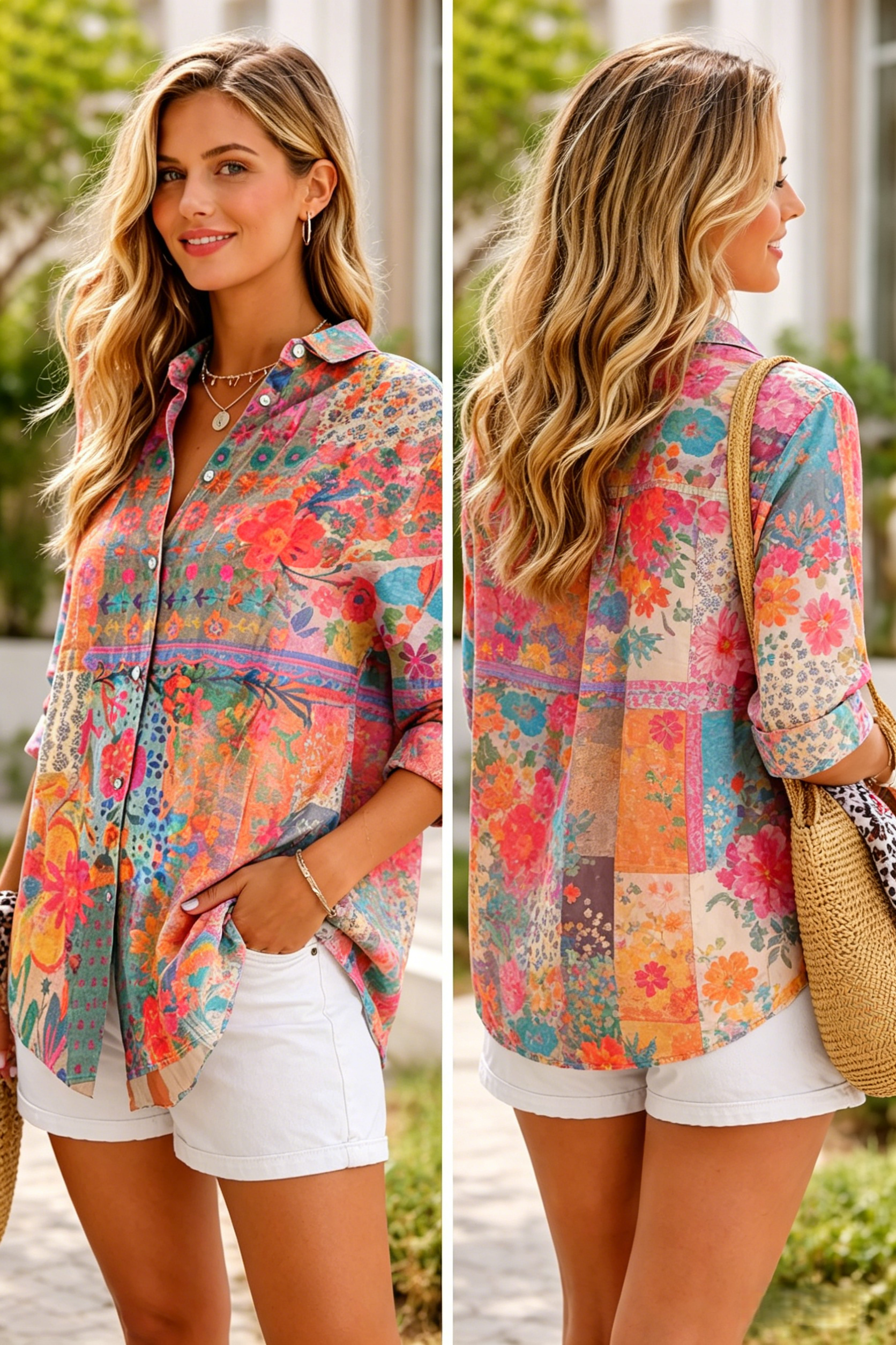 Bluse mit floralem Print und klassischem Hemdkragen aus Baumwolle und Leinen