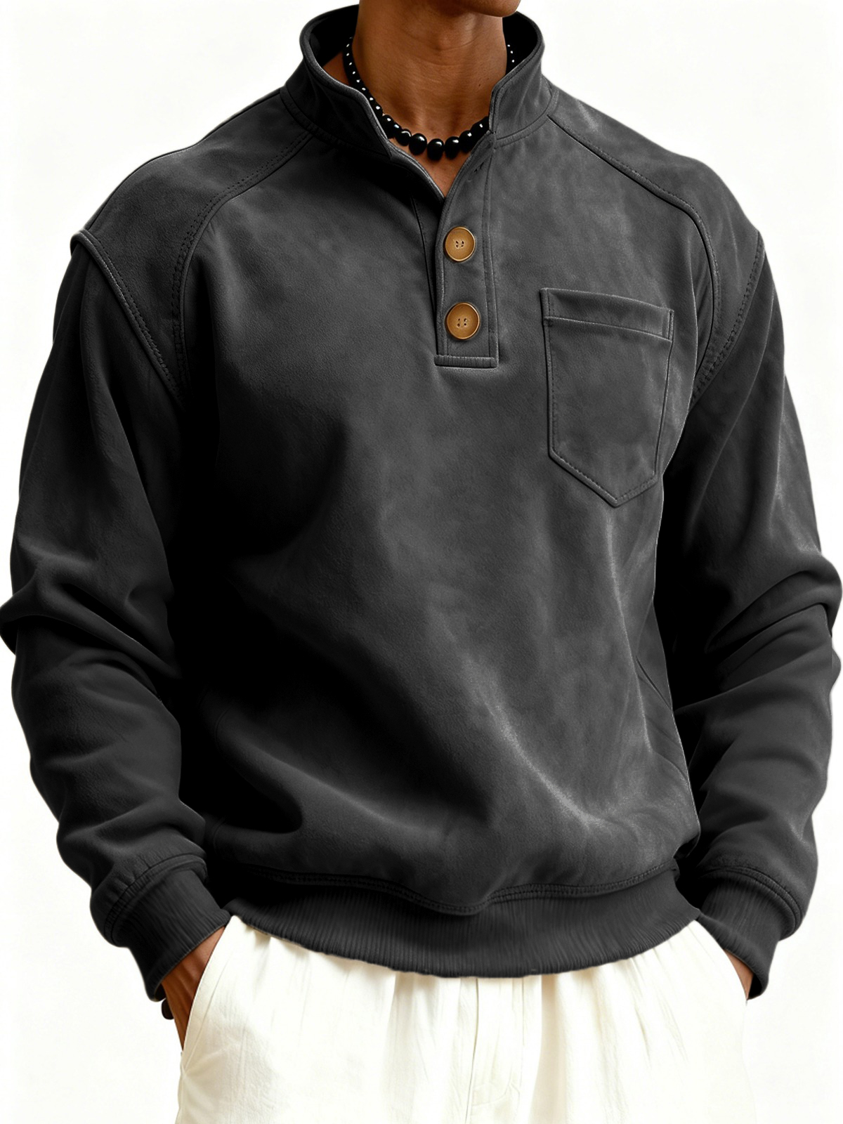 Herren Faux Suede Raglanärmel Button-down Stehkragen Pullover Sweatshirt mit Brusttasche-deurabatt