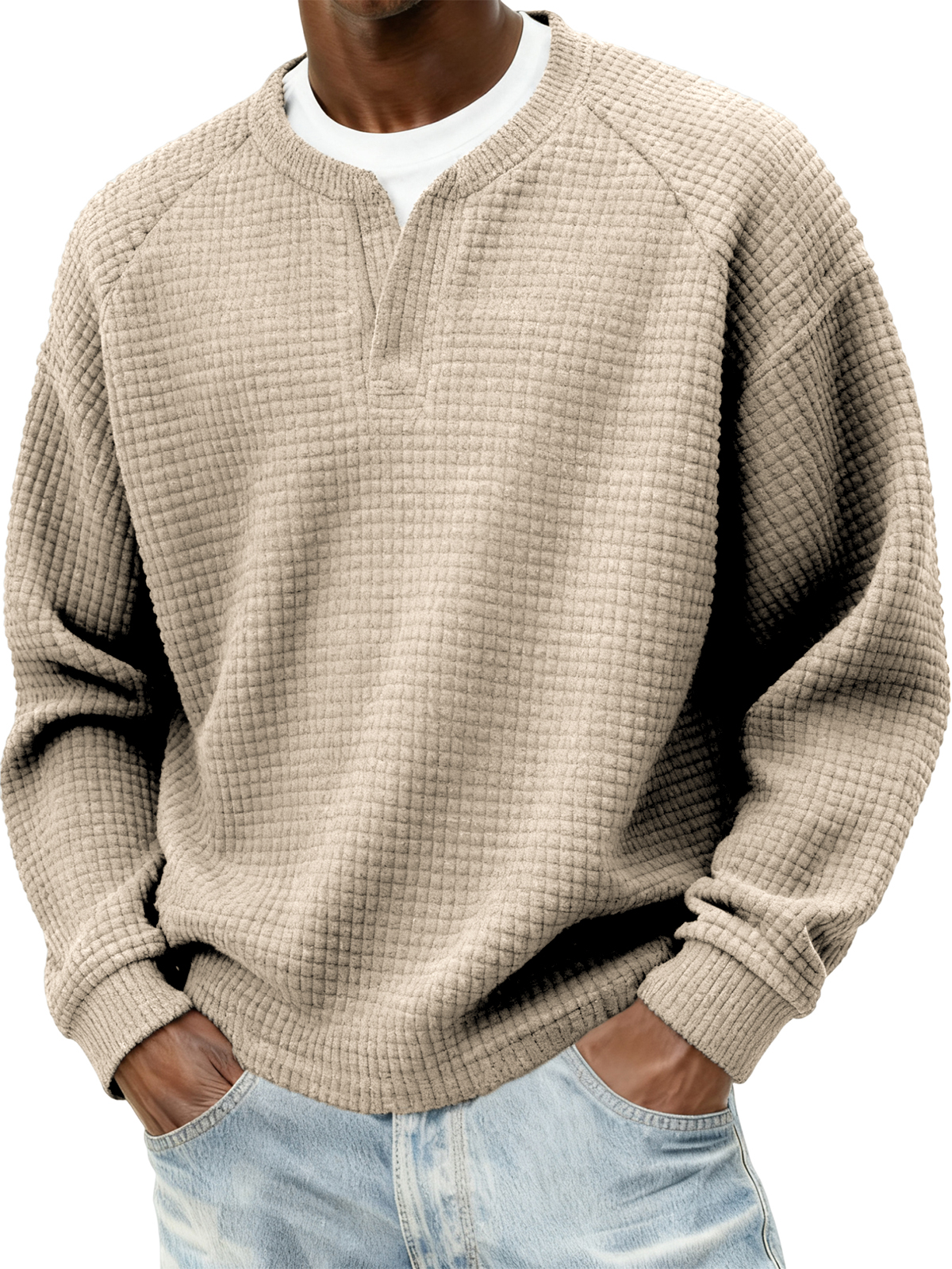 Herren Stylischer Cord Waffel Fake Zweiteiler V-Ausschnitt Raglan Ärmel Pullover Sweatshirt-ZierMode