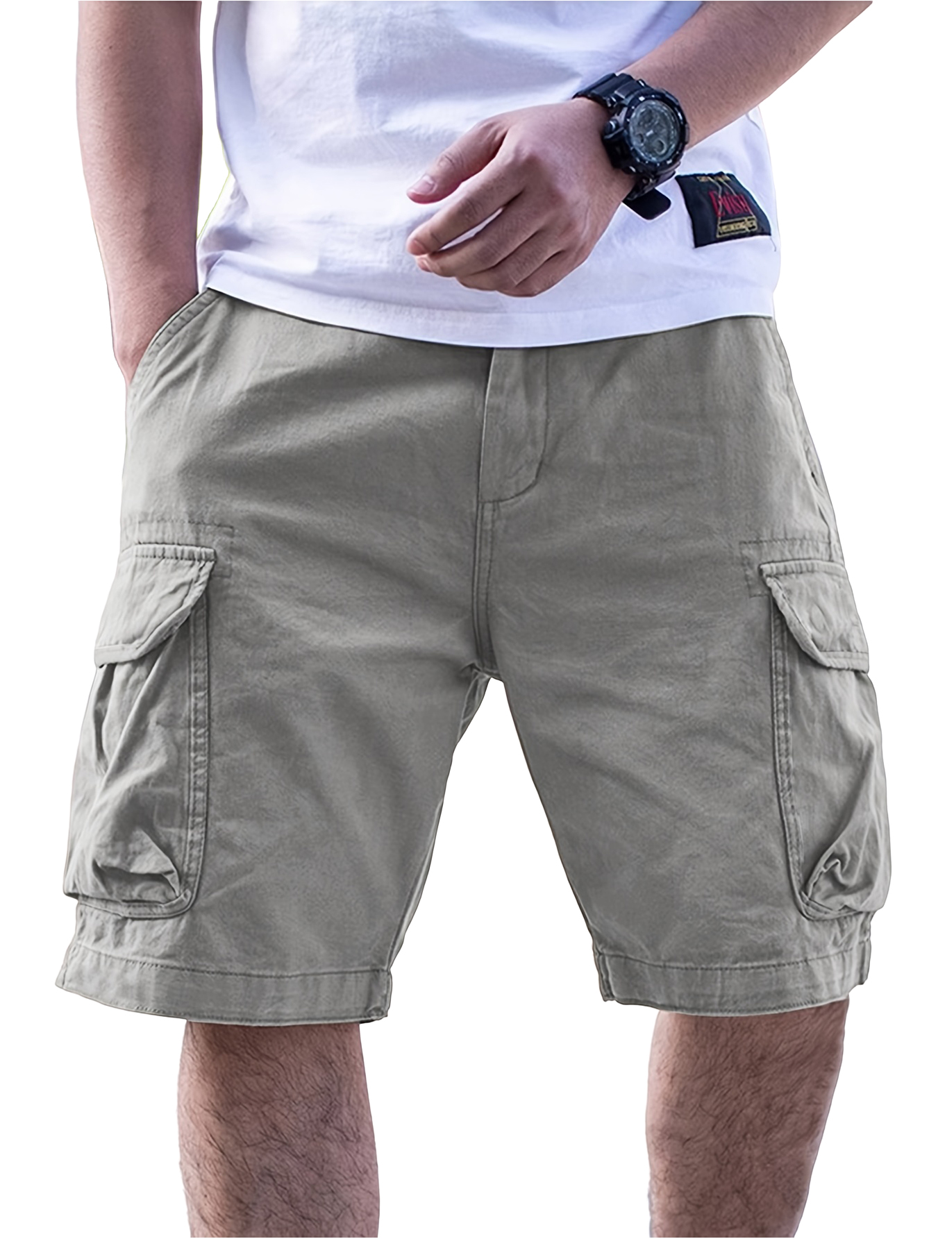 Herren Freizeit Cargo Shorts mit lockerer Passform und mehreren Taschen, einfarbig, mittlere Leibhöhe, elastischer Bund mit Kordelzug-ZierMode
