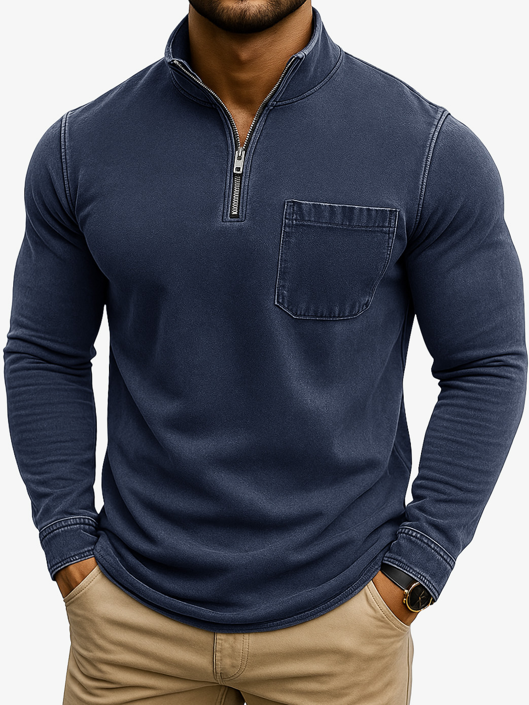 Herren Retro Casual Gewaschen Abgenutzt Viertel Reißverschluss Tasche Langarm T-Shirt-deurabatt