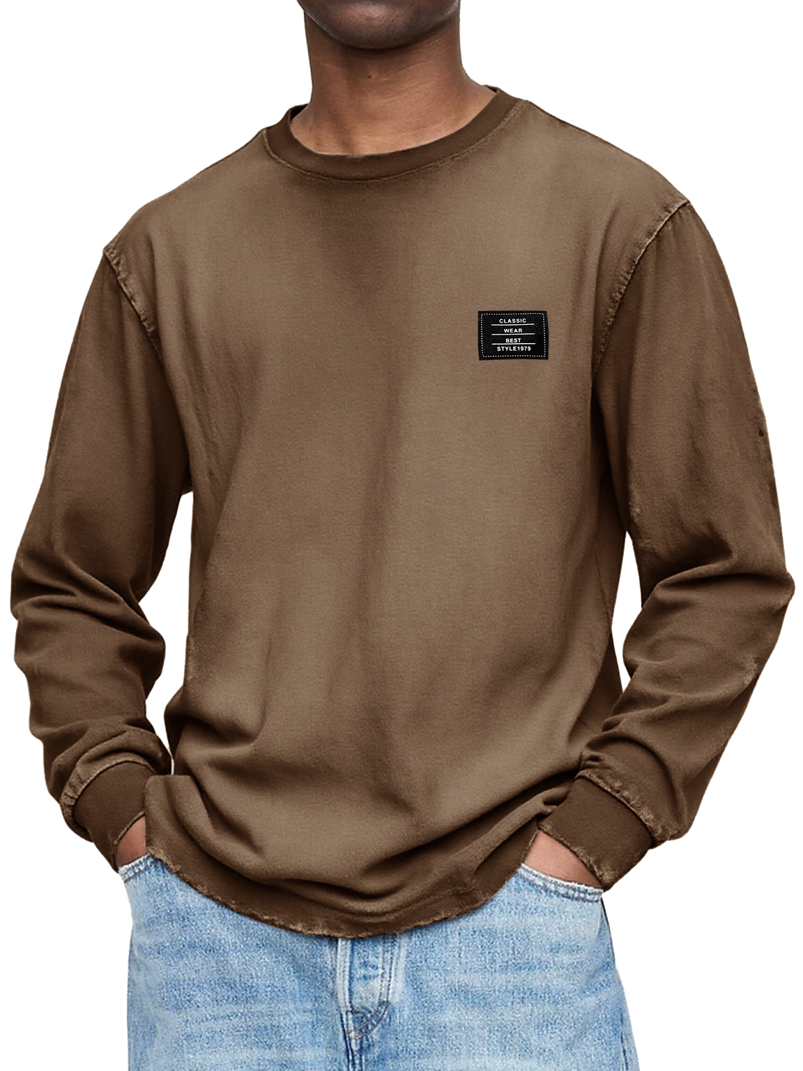 Herren Vintage Casual Gewaschen und Abgenutzt Schweres, Handgefertigtes Besticktes Logo Langarm-T-Shirt-ZierMode