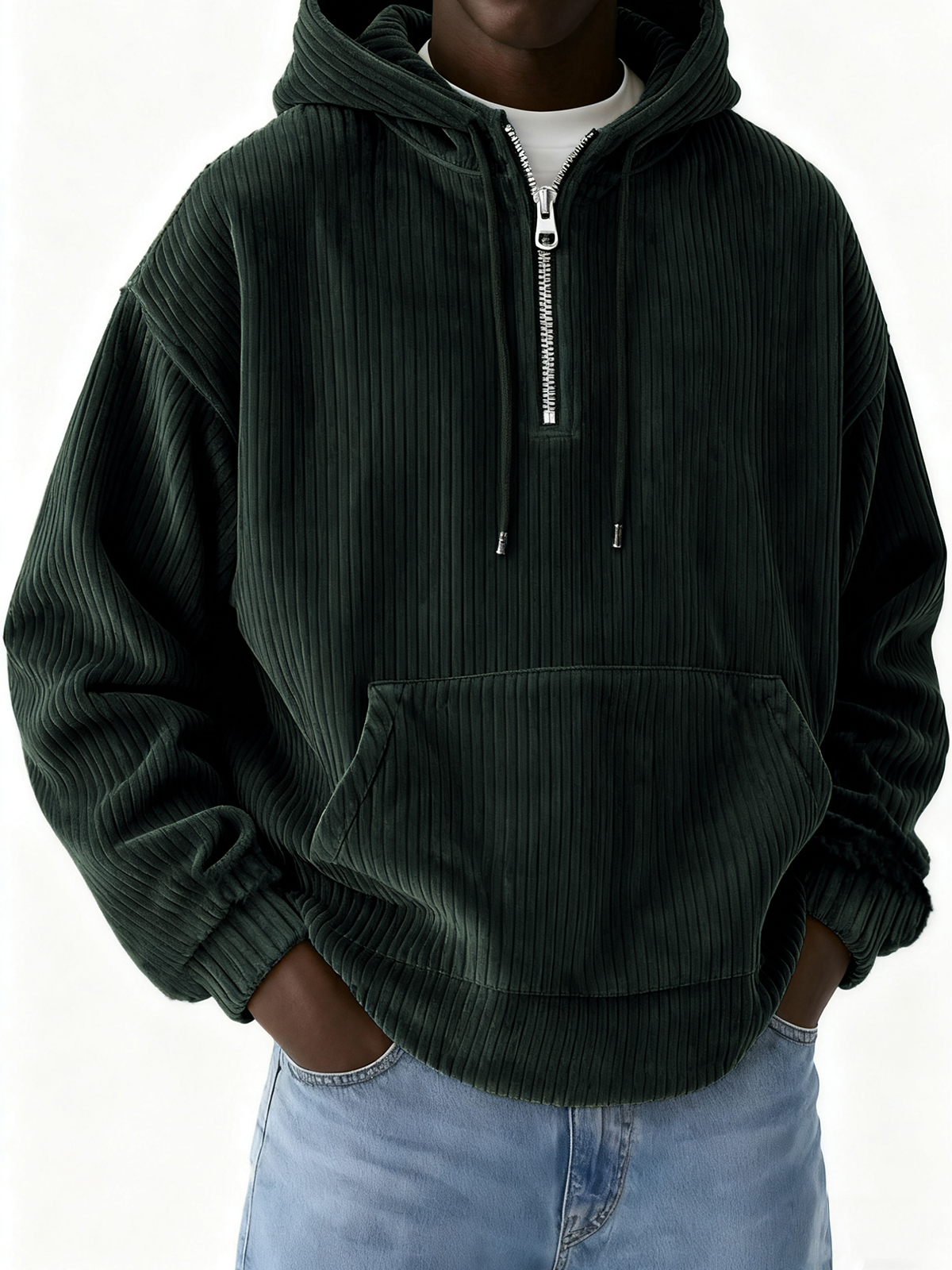 Herren-Cord-Sweatshirt mit halbem Reißverschluss und Kapuze-deurabatt