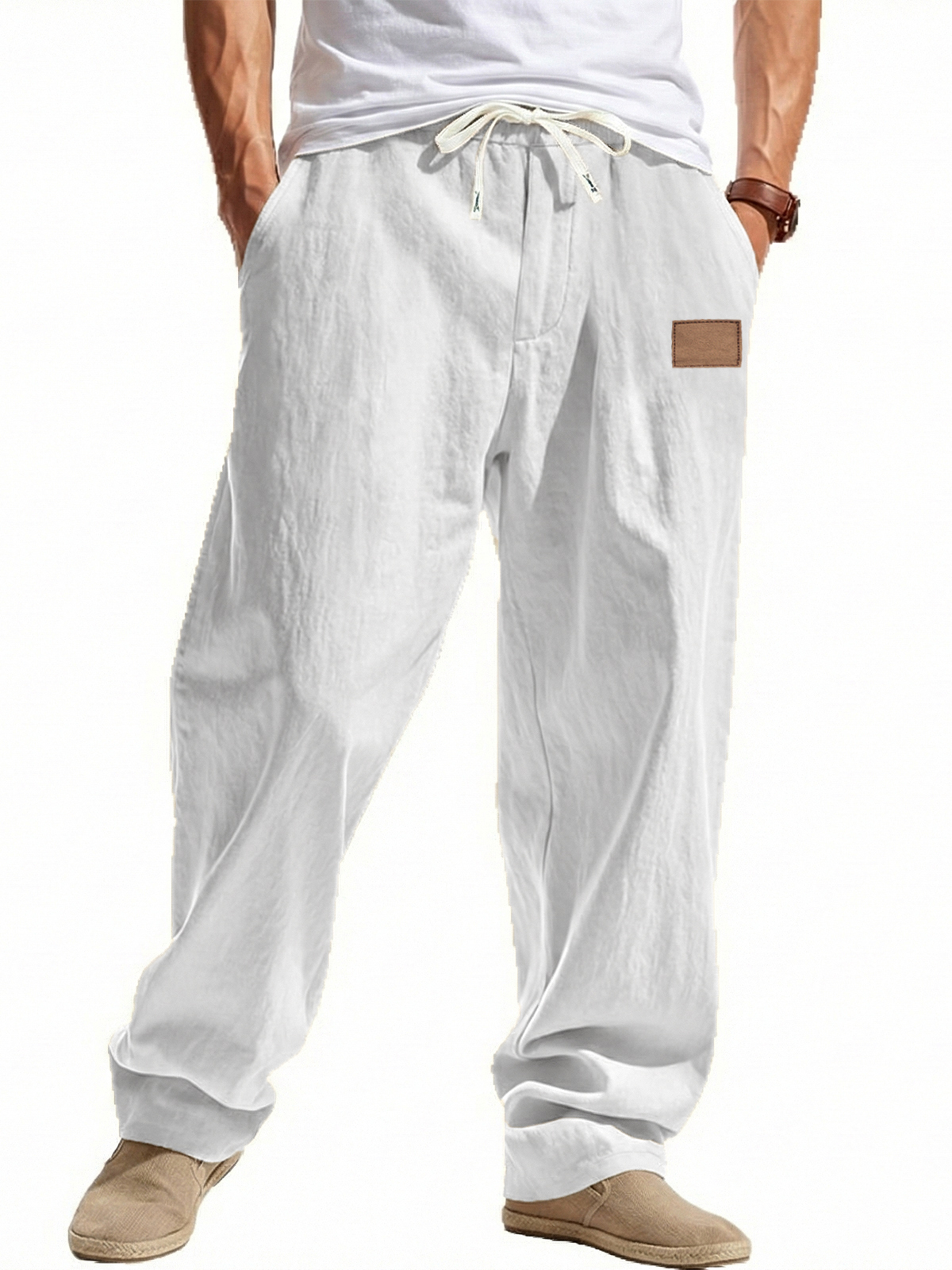 Lässige Leinen-Baumwoll-Hose mit weitem Bein und besticktem Etikett-deurabatt