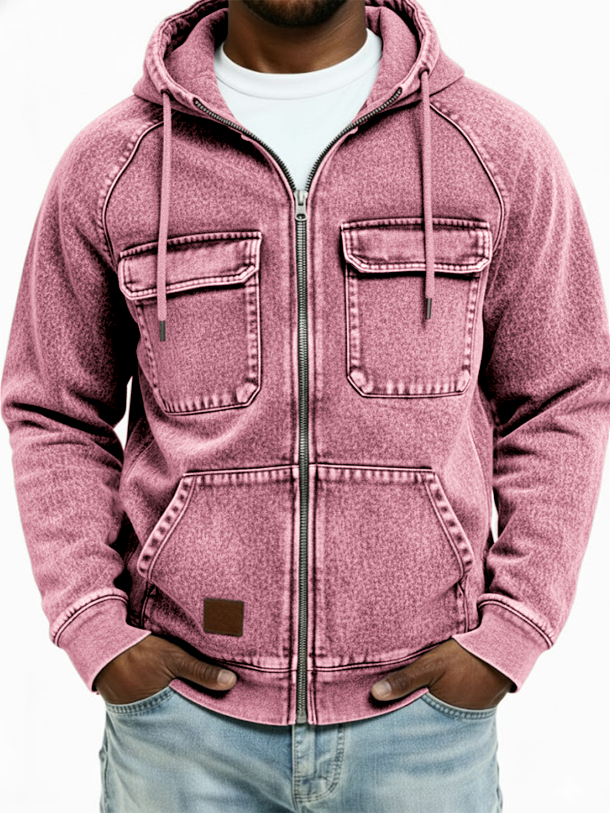 Herren Vintage Abgenutzte Mehrfachtaschen Voller Reißverschluss Kapuzenstrickjacke-deurabatt
