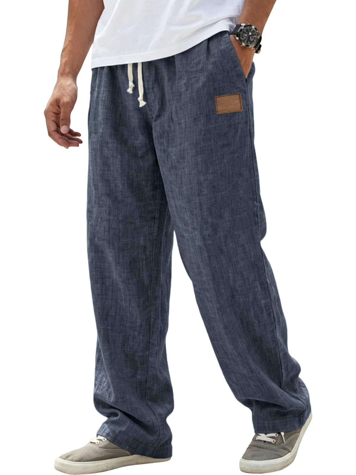 Herren atmungsaktive Leinenhose Resort lässige lockere Hose mit gesticktem Lederpatch-deurabatt