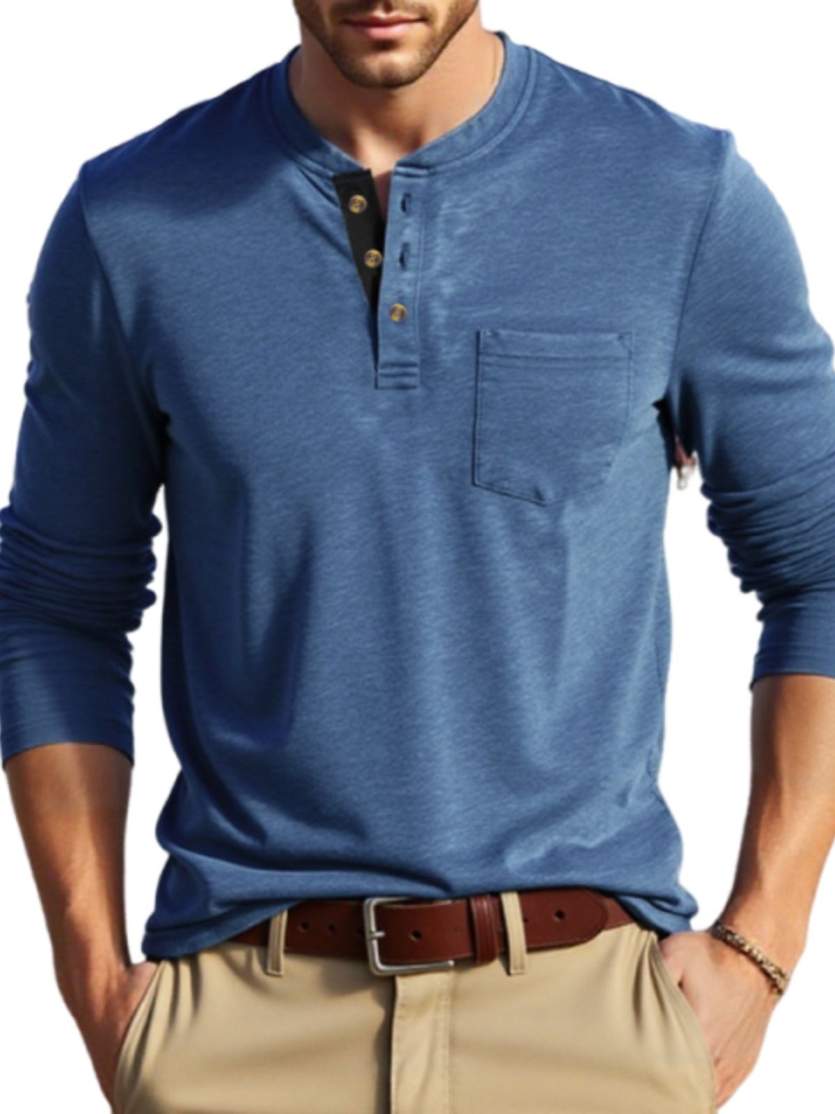 Vintage-Freizeit-Langarm-Henley-Shirt für Herren-deurabatt