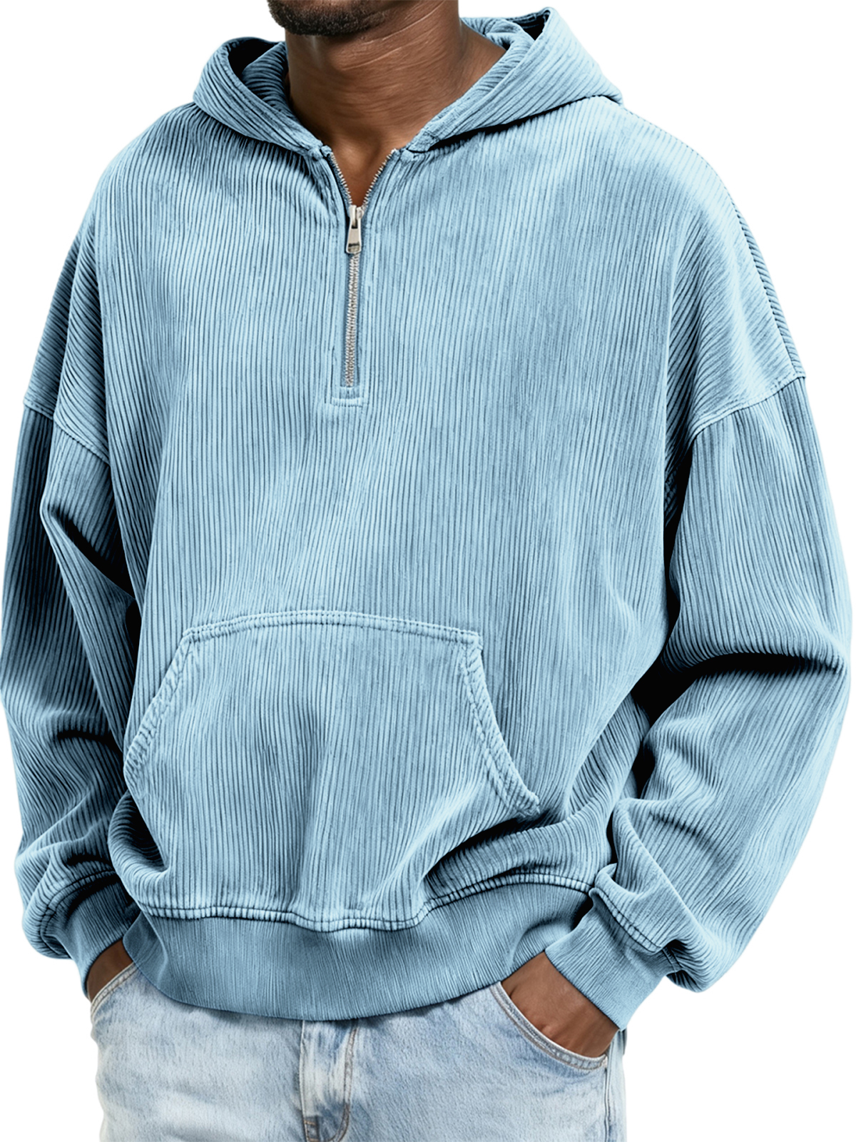 Corduroy-Ripp-Stilvoller Viertel-Reißverschluss-Pullover mit Kängurutasche-deurabatt