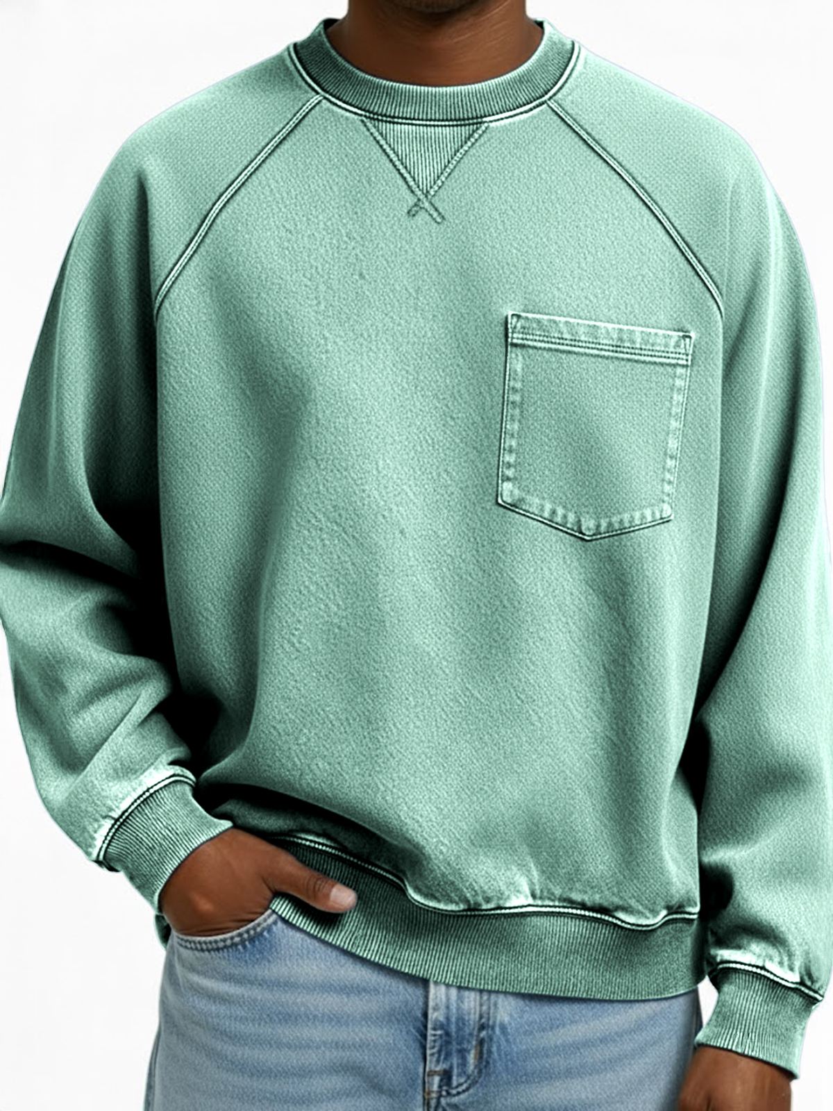 Herren Vintage Distressed Raglan Ärmel X-gestickte Patchwork Tasche Rundhals Pullover Sweatshirt-ZierMode
