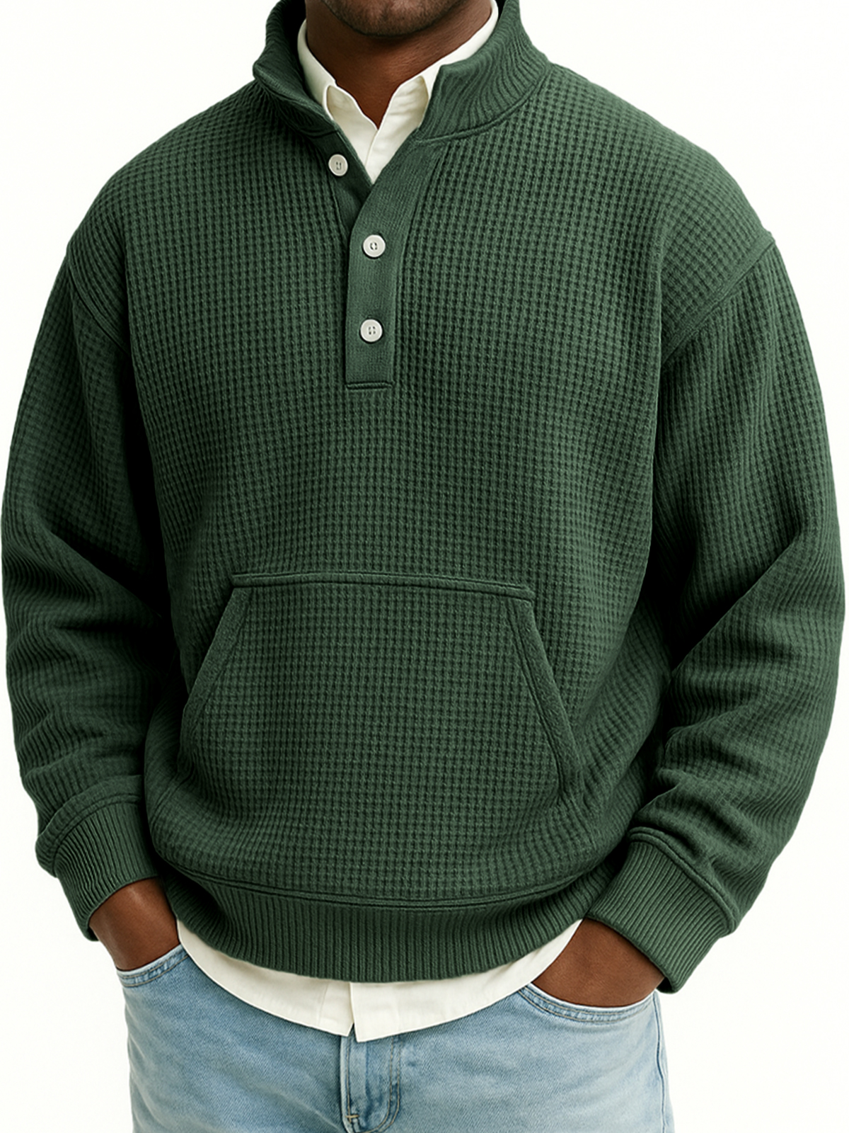 Herren Waffel Viertel Reißverschluss Stehkragen Sweatshirt mit Kängurutaschen-deurabatt