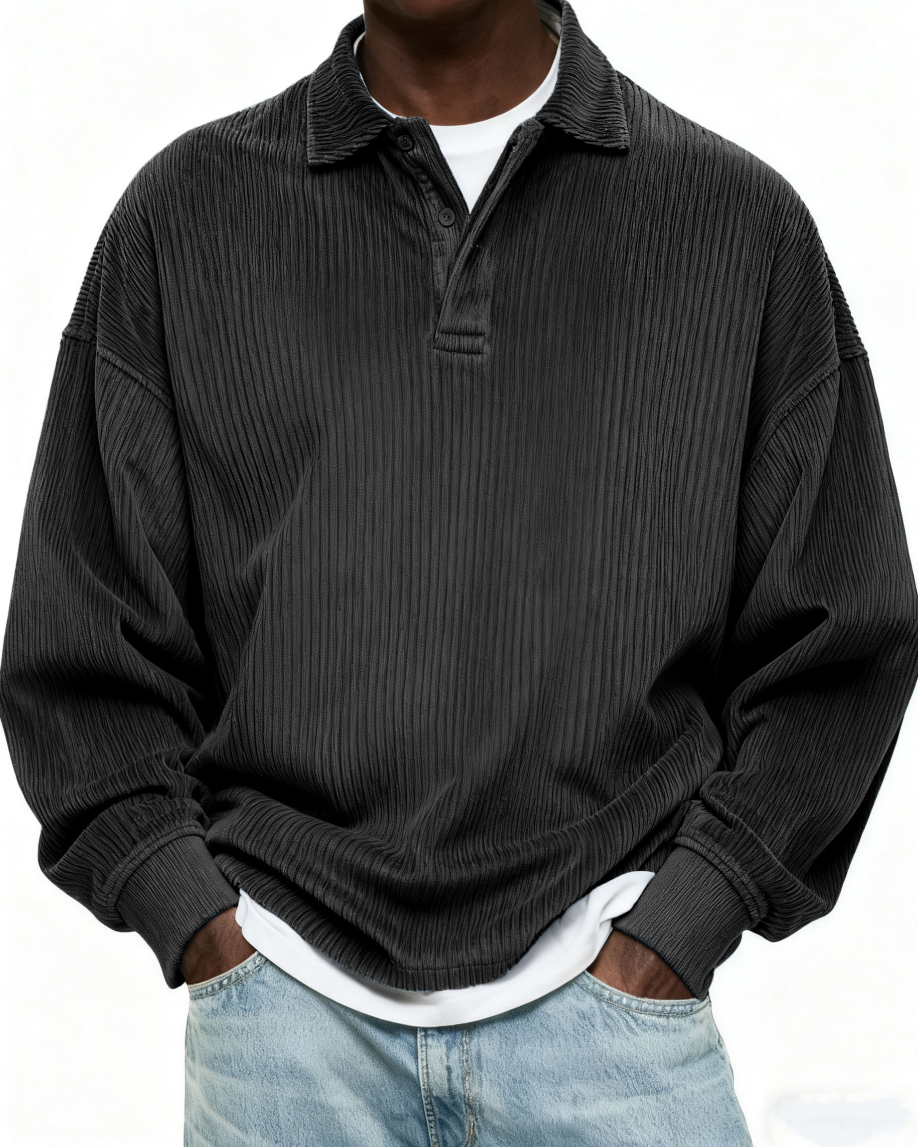 Herren Einfaches Cordstoff Textur Knopf Alltag Pullover POLO Hemd-deurabatt
