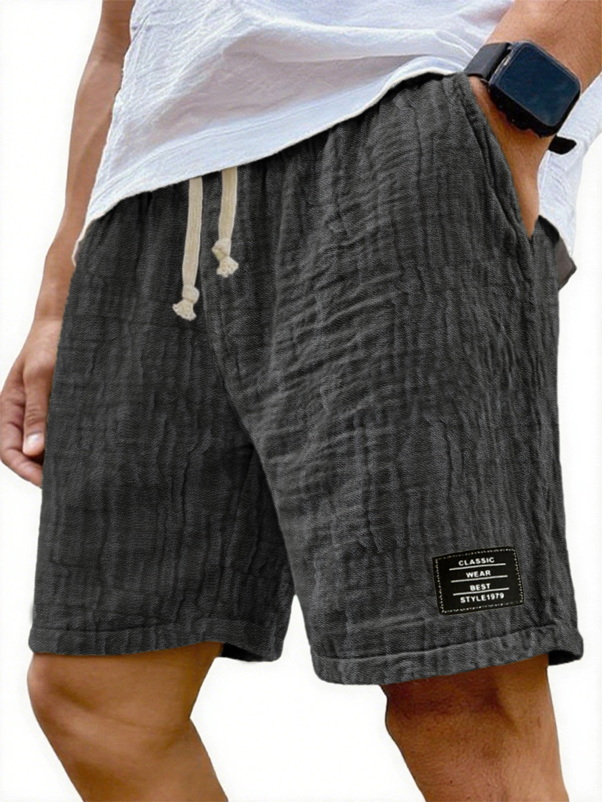 Herren Soft Crinkled Gauze Atmungsaktive Urlaub Bestickte Schnürshorts