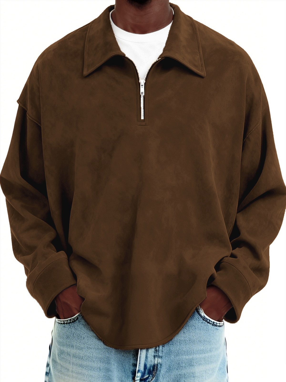 Herren-Vintage-Wildlederpullover mit Viertelreißverschluss-deurabatt