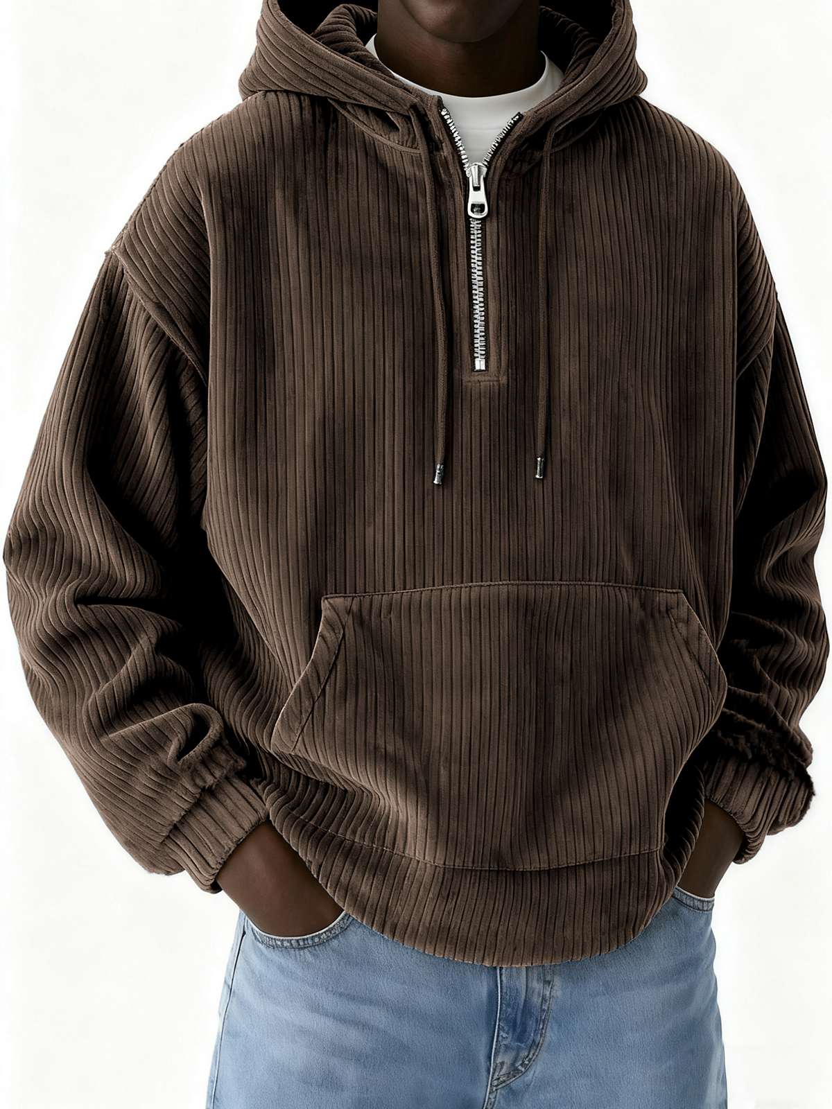 Herren-Cord-Sweatshirt mit halbem Reißverschluss und Kapuze-deurabatt