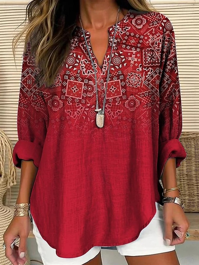 Summer Small V-neck Long-sleeved Floral Print Simple Casual Elegant T-shirt