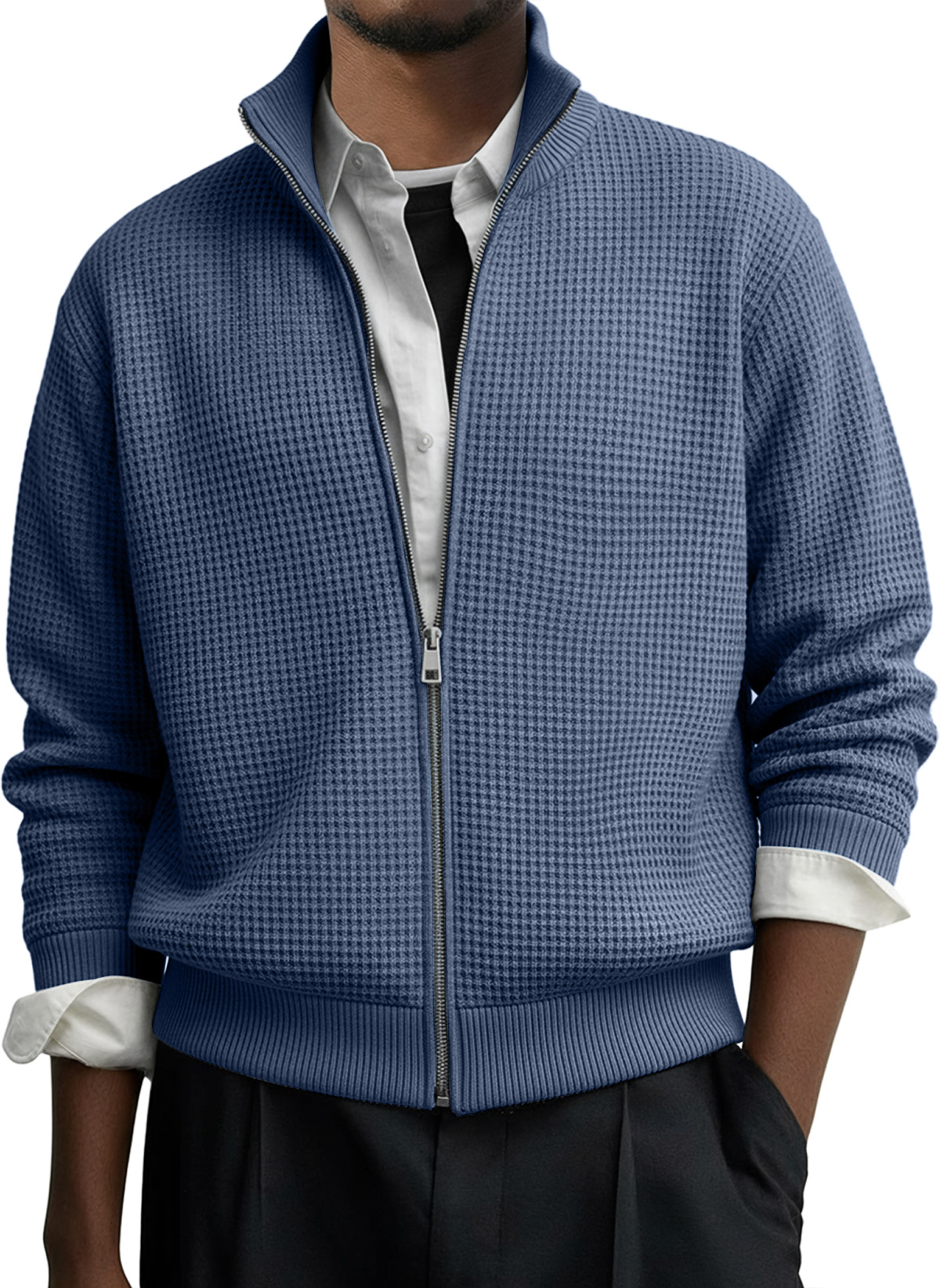 Herren Freizeit Einfarbig Waffel Reißverschluss Langarmjacke-deurabatt