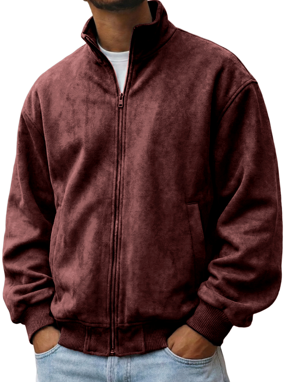 Herren-Komfortjacke aus strukturiertem Faxu-Wildleder mit Reißverschluss-deurabatt