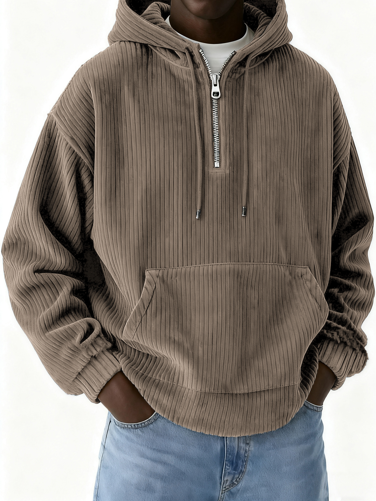 Herren-Cord-Sweatshirt mit halbem Reißverschluss und Kapuze-deurabatt