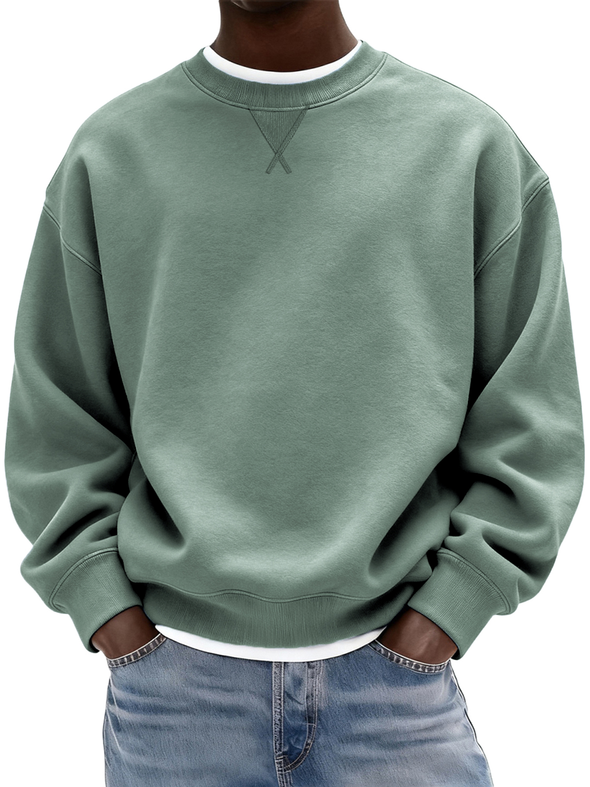 Herren Schwergewicht Baumwolle X-Stich Rundhals Basic Pullover Sweatshirt-deurabatt