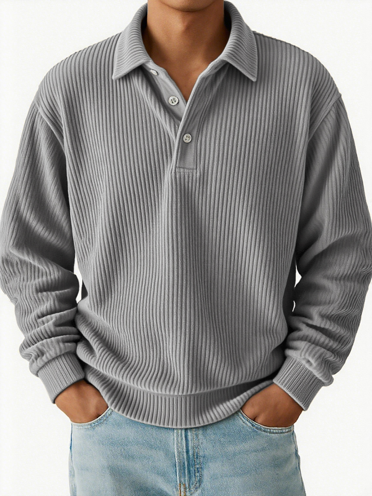 Herren Vintage Corduroy Pit Gestreiftes Lässiges Langarm Polohemd-deurabatt