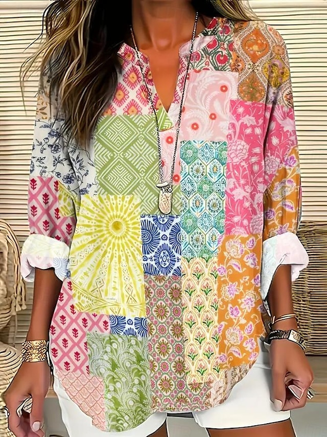 Summer Small V-neck Long-sleeved Floral Print Simple Casual Elegant T-shirt