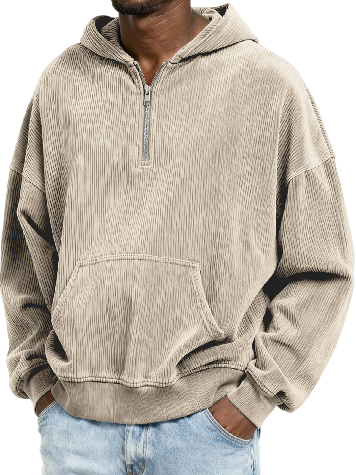 Corduroy-Ripp-Stilvoller Viertel-Reißverschluss-Pullover mit Kängurutasche-deurabatt
