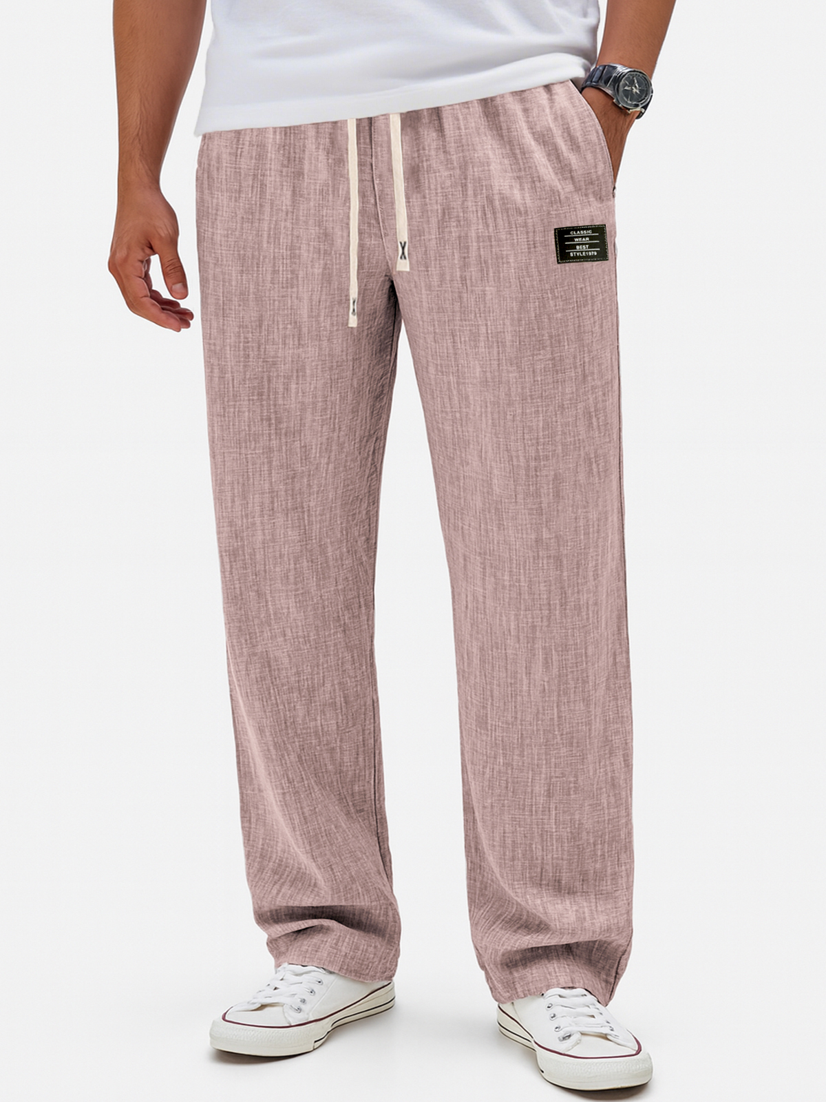 Herren Atmungsaktive Leinen Crinkle Freizeit Jogginghose mit Bestickten Etiketten-deurabatt
