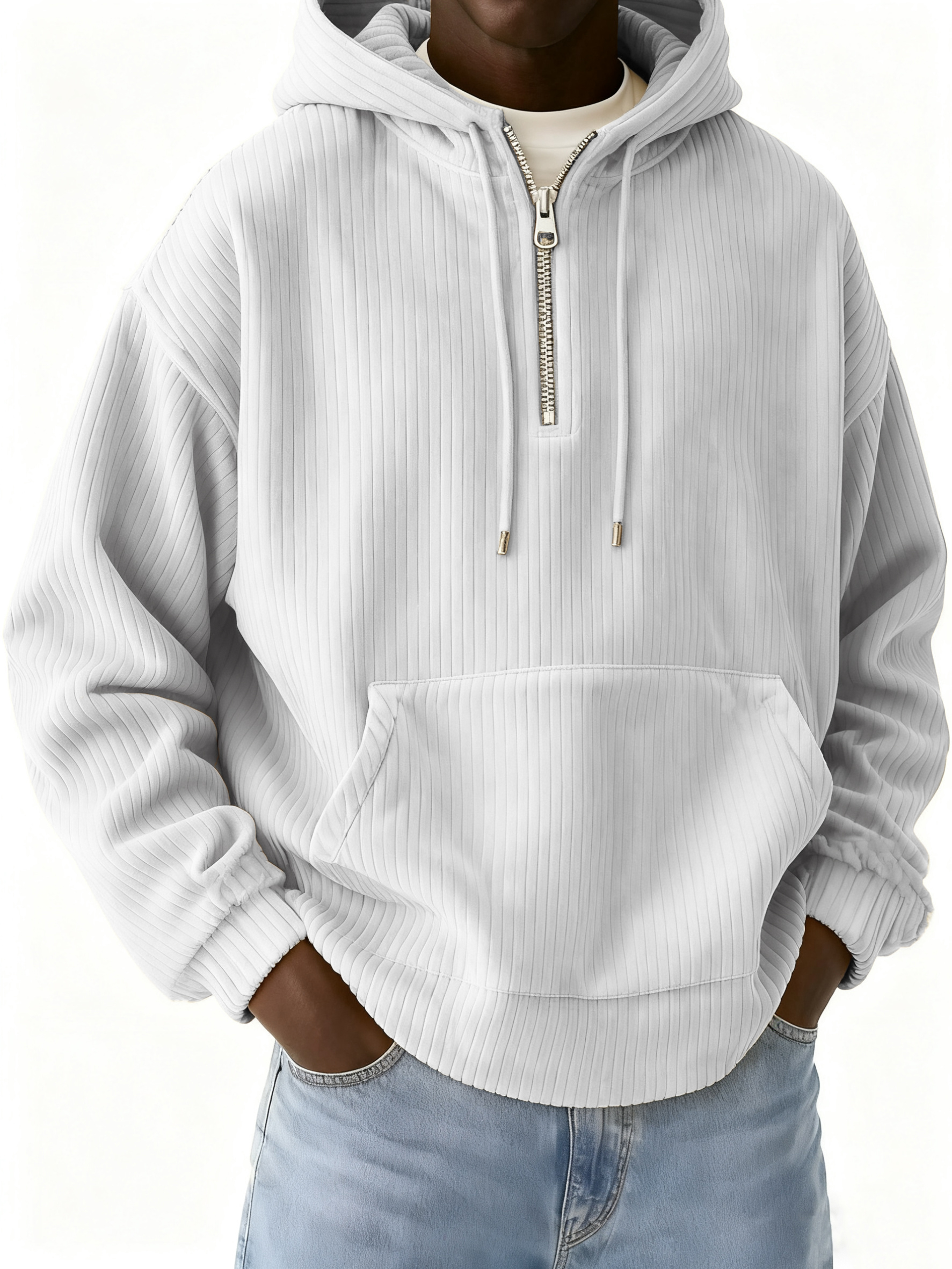 Herren-Cord-Sweatshirt mit halbem Reißverschluss und Kapuze-deurabatt