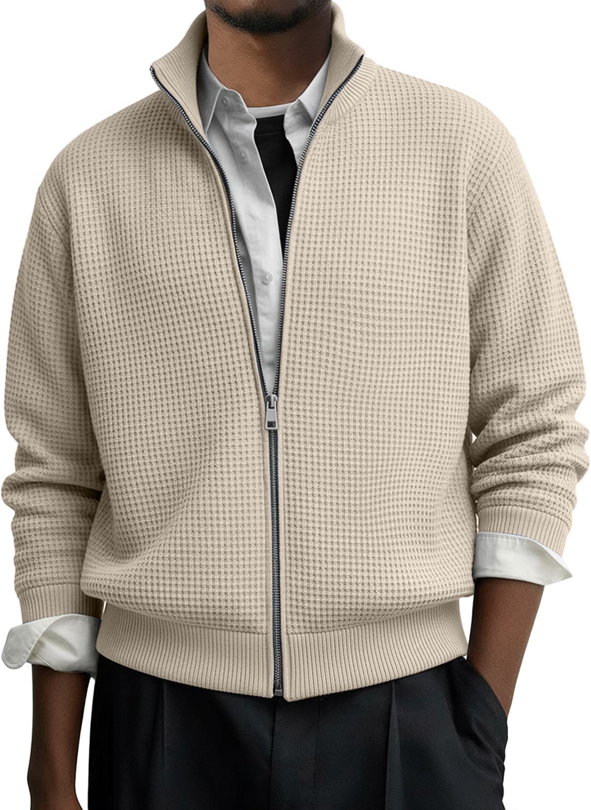 Herren Freizeit Einfarbig Waffel Reißverschluss Langarmjacke-deurabatt