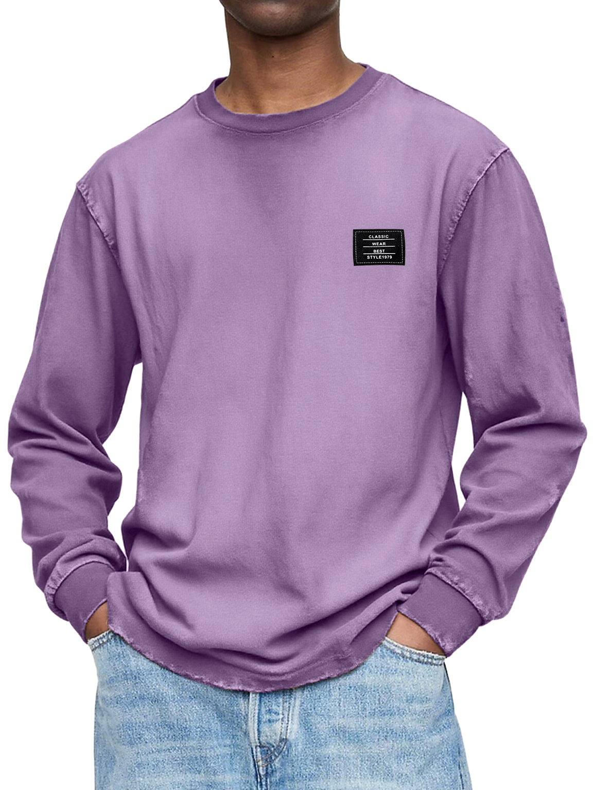 Herren Vintage Casual Gewaschen und Abgenutzt Schweres, Handgefertigtes Besticktes Logo Langarm-T-Shirt-ZierMode