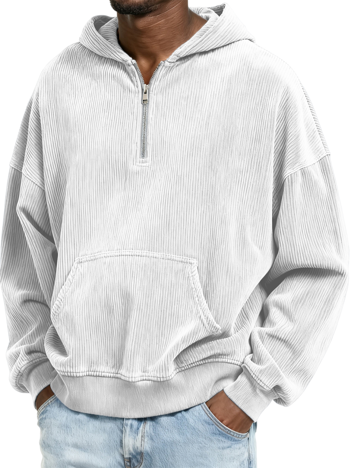 Corduroy-Ripp-Stilvoller Viertel-Reißverschluss-Pullover mit Kängurutasche-deurabatt