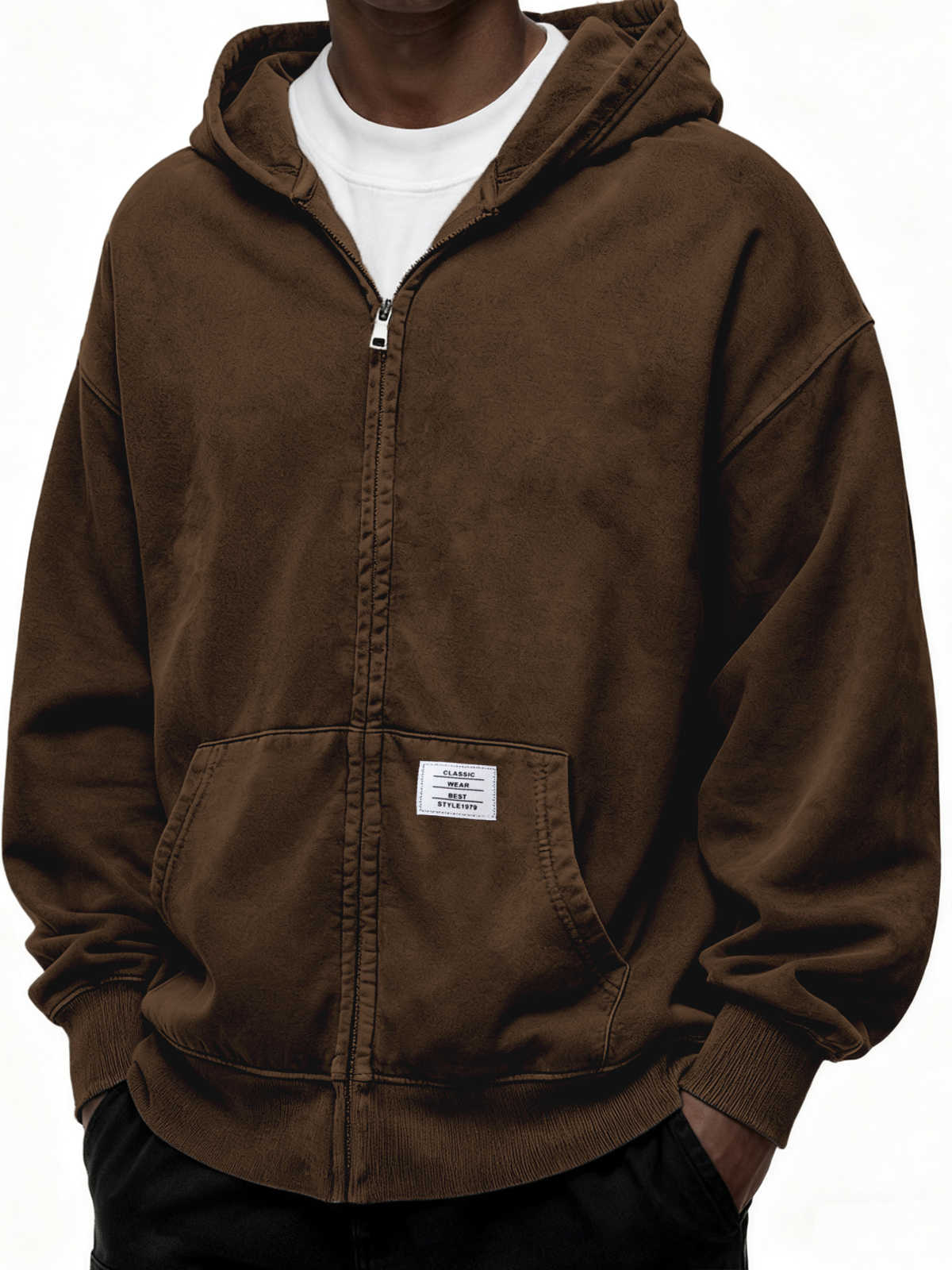 Schwergewicht Kapuzen-Full-Zip Cardigan Sweatshirt mit Kängurutasche und Etikett-deurabatt