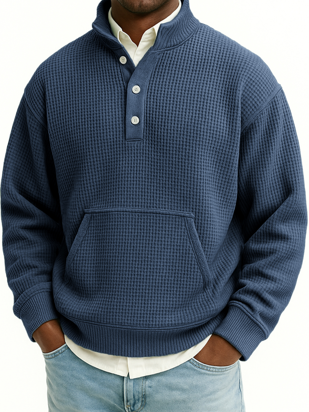 Herren Waffel Viertel Reißverschluss Stehkragen Sweatshirt mit Kängurutaschen-deurabatt