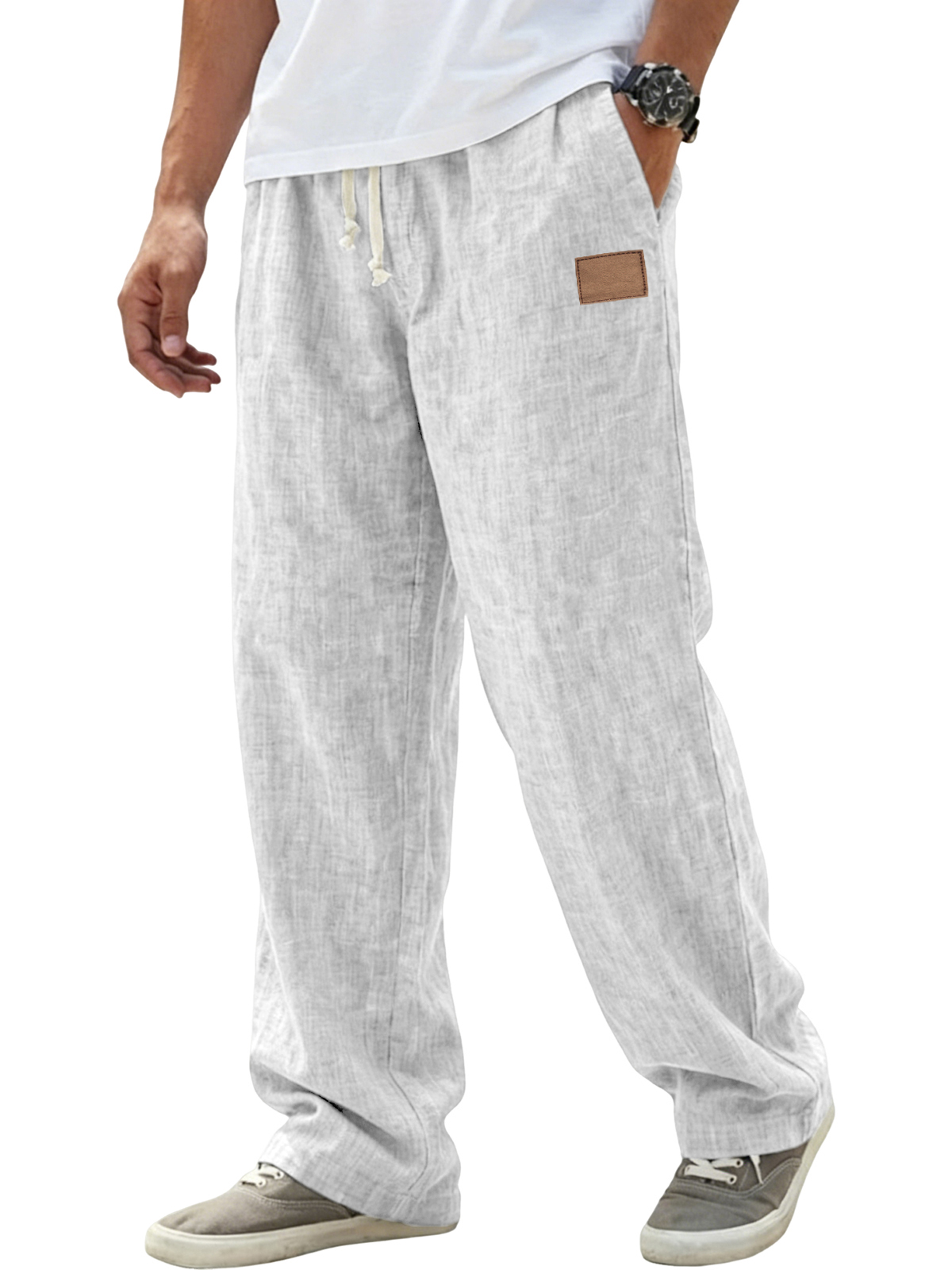 Herren atmungsaktive Leinenhose Resort lässige lockere Hose mit gesticktem Lederpatch-deurabatt