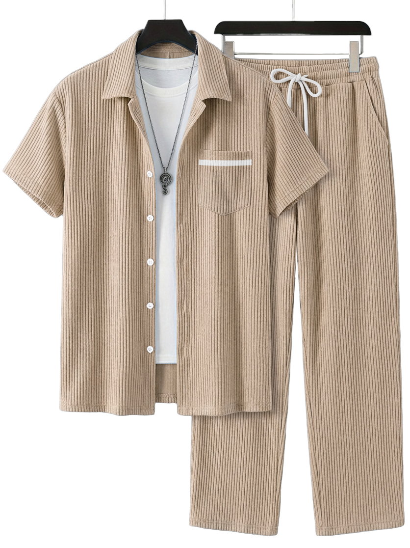 Herren Einfaches Lässiges Geripptes Pocket Kurzarmhemd und Lässige Hose Set OOTD-deurabatt