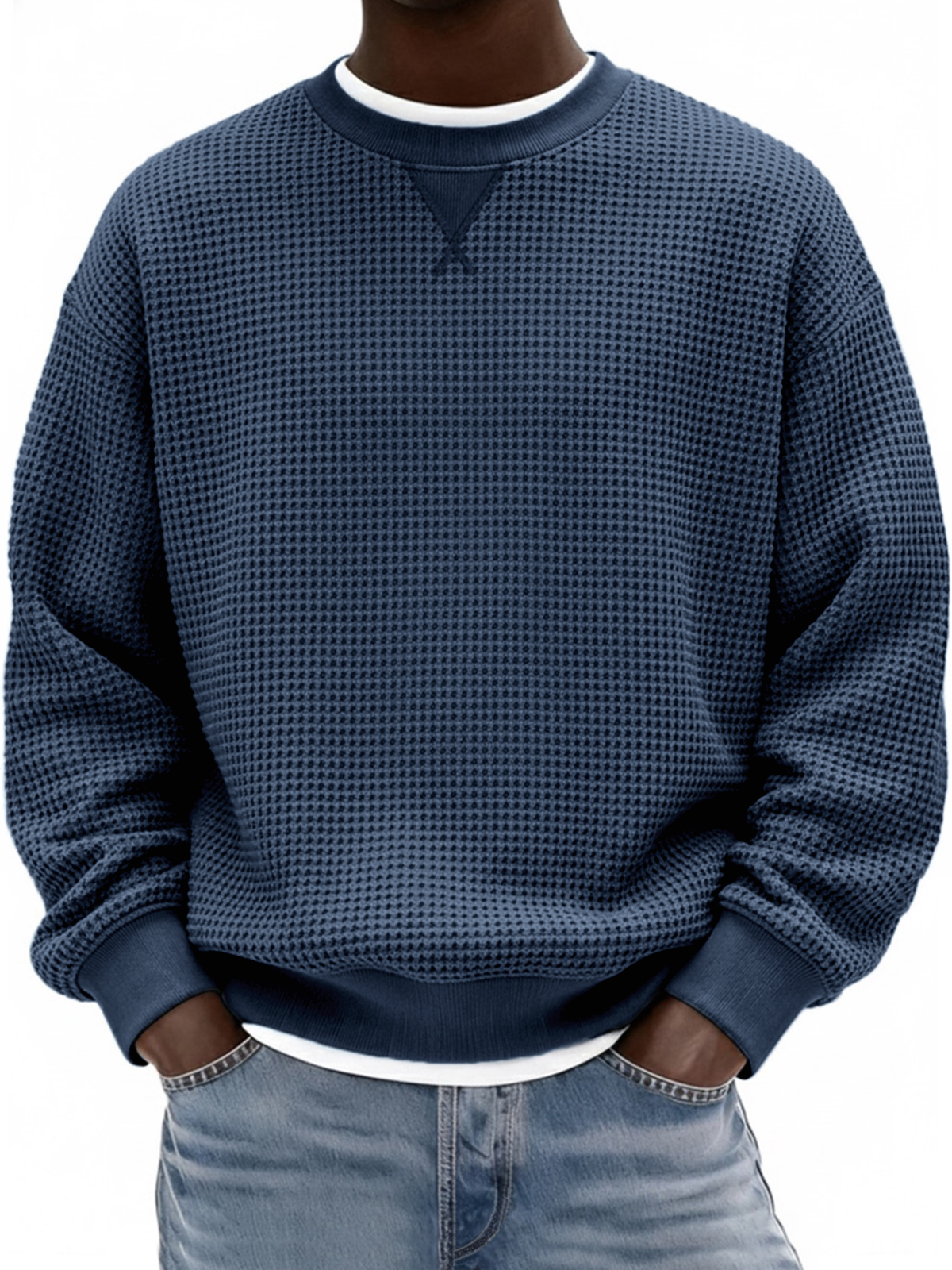 Herren Waffelstruktur X-Stich Rundhals Pullover Sweatshirt-deurabatt