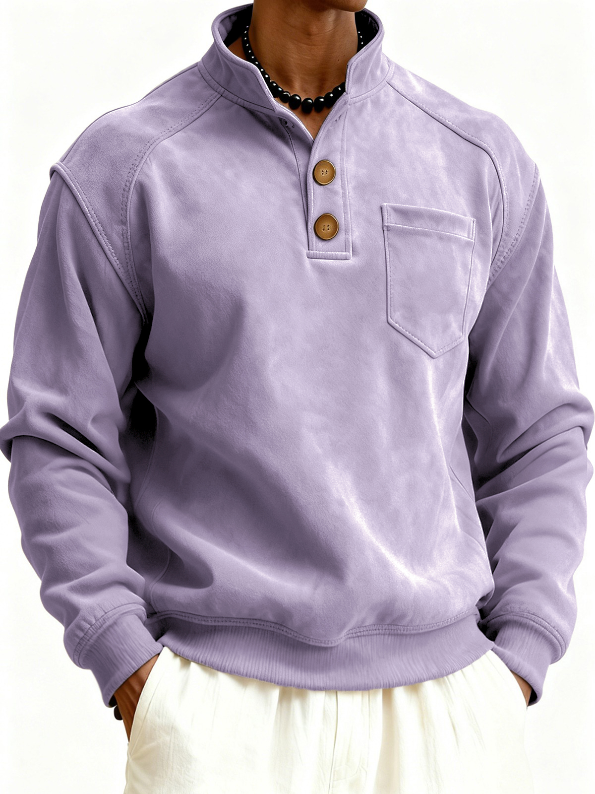 Herren Faux Suede Raglanärmel Button-down Stehkragen Pullover Sweatshirt mit Brusttasche-deurabatt