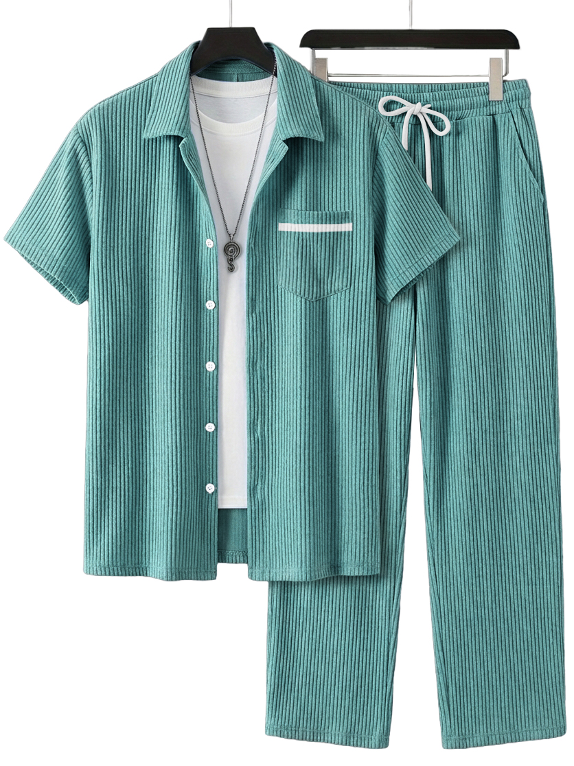 Herren Einfaches Lässiges Geripptes Pocket Kurzarmhemd und Lässige Hose Set OOTD-deurabatt