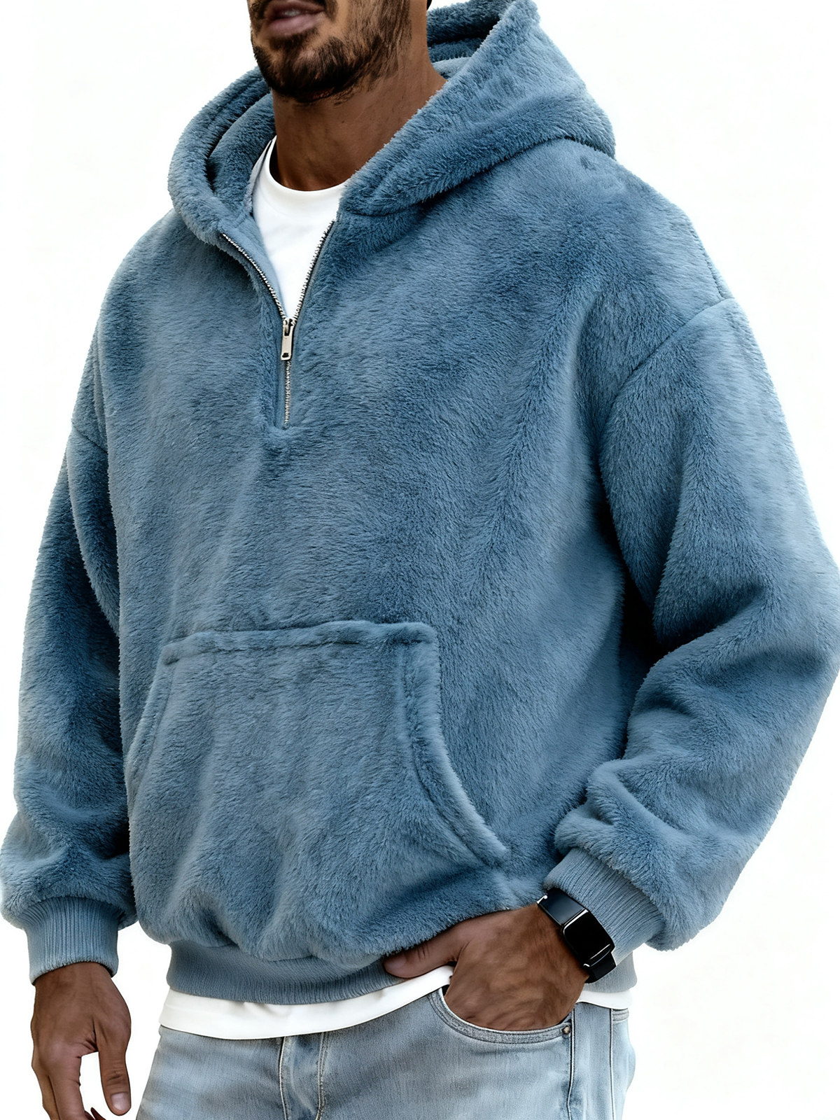 Herren Stylischer Korallenfleece Kapuzenpullover mit Kängurutaschen und einem Viertelreißverschluss-deurabatt