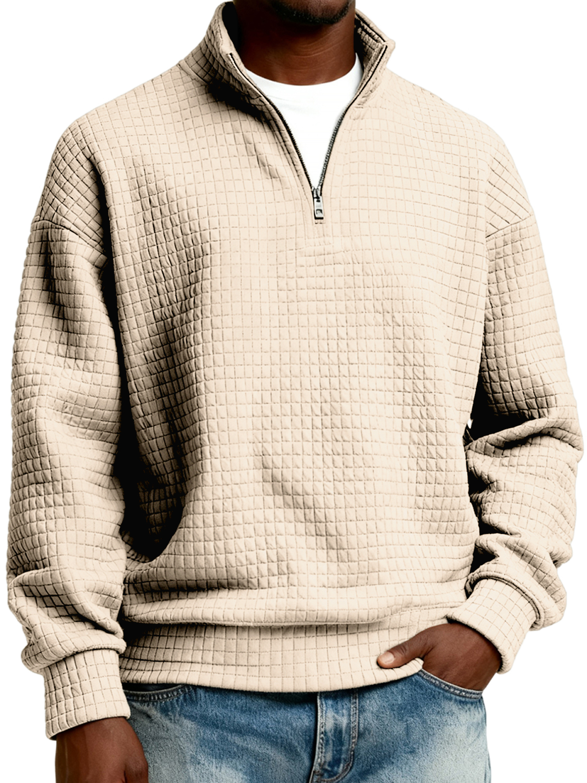 Herren-Stepppullover mit halbem Reißverschluss aus Jacquard-Gewebe-deurabatt