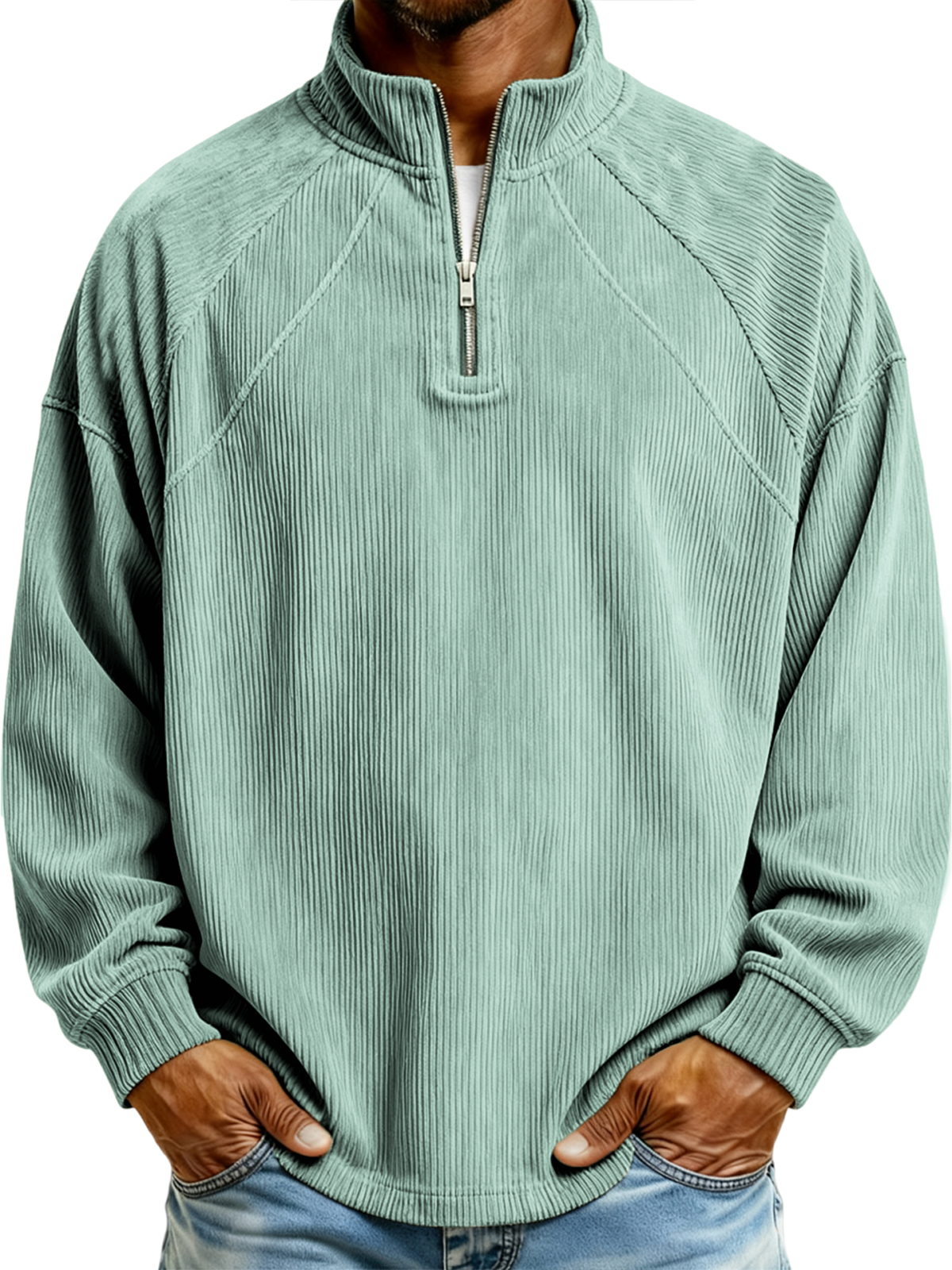 Herren Einfaches Corduroy Geripptes Viertel-Reißverschluss Raglan Ärmel Pullover Polo-Shirt-deurabatt
