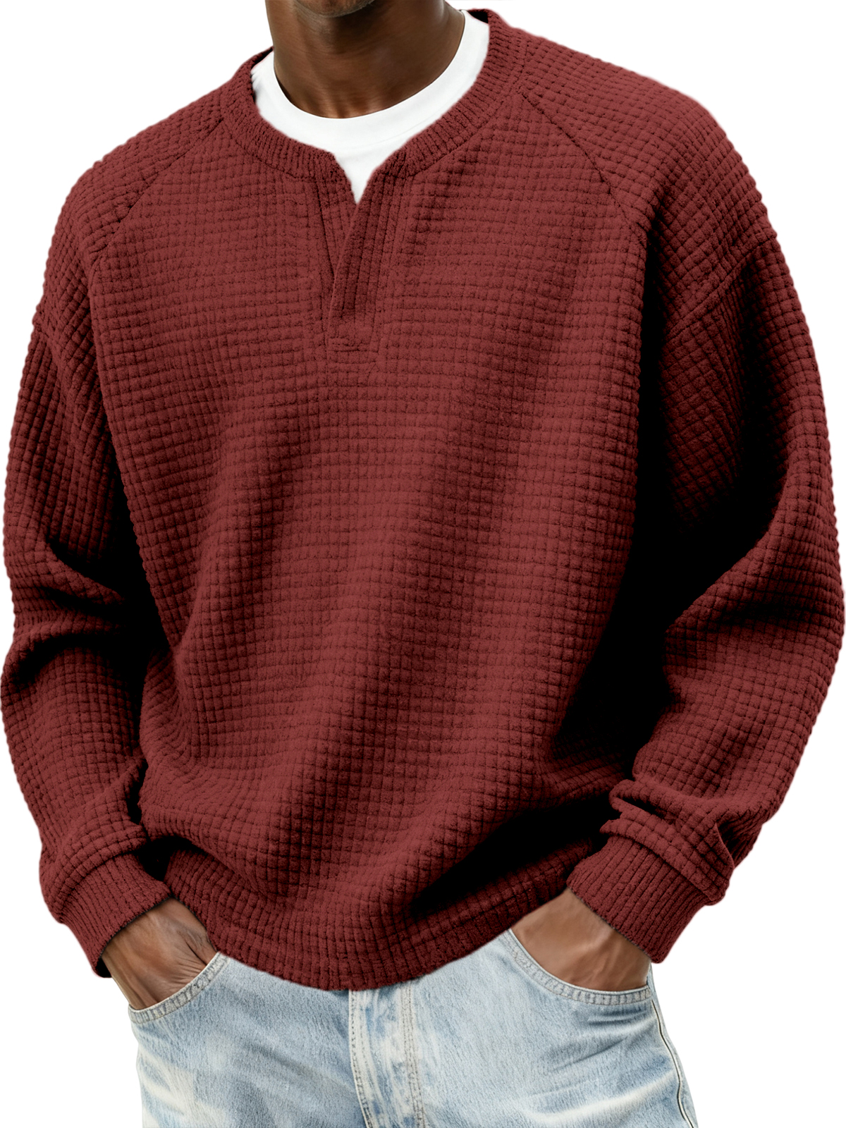 Herren Stylischer Cord Waffel Fake Zweiteiler V-Ausschnitt Raglan Ärmel Pullover Sweatshirt-ZierMode